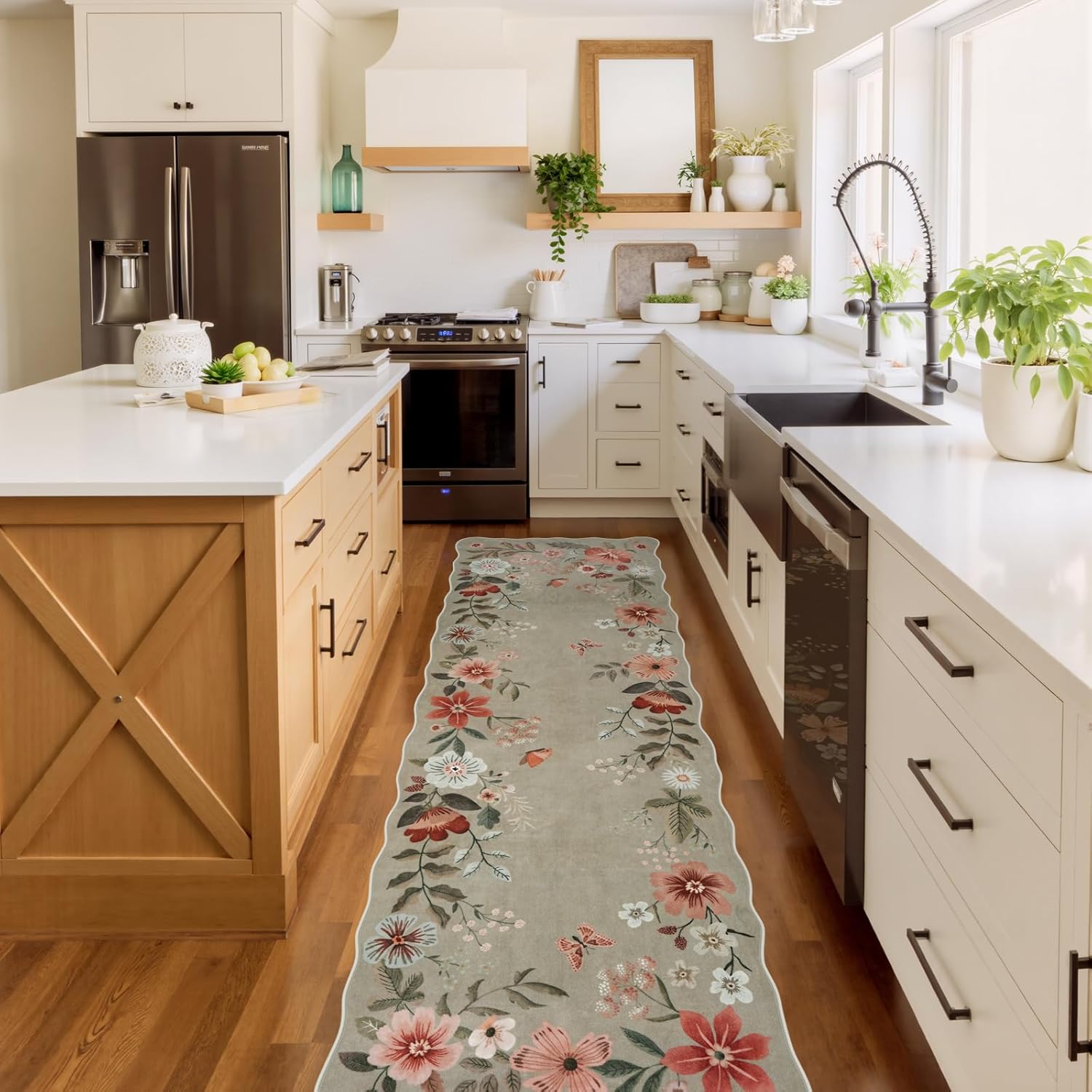 Lahome Floral Washable Rugs 8x10, Non-Slip Soft Green Rug Stain Resistant, Ultra-Thin 8x10 Rugs for Living Room Easy Clean Boho Accent Carpet for Dining Room Office(8x10ft,Green)