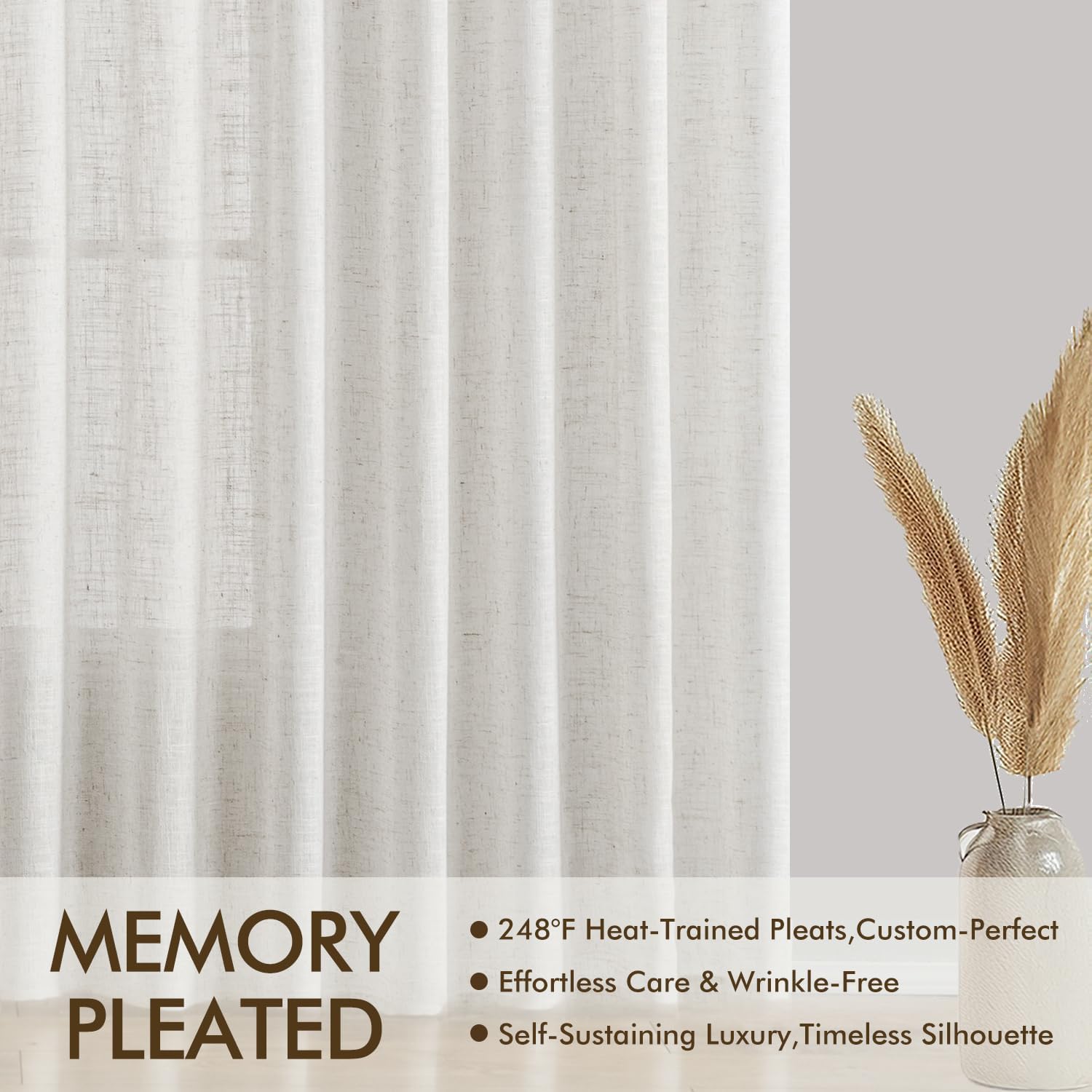 MIULEE 96 Inches Long Pinch Pleated Natural Linen Curtains 2 Panels Set for Bedroom Living Room, Viral Pleat Semi Sheer Drapes Light Filtering Textured Sheer Curtains with Hooks Floor to Ceiling