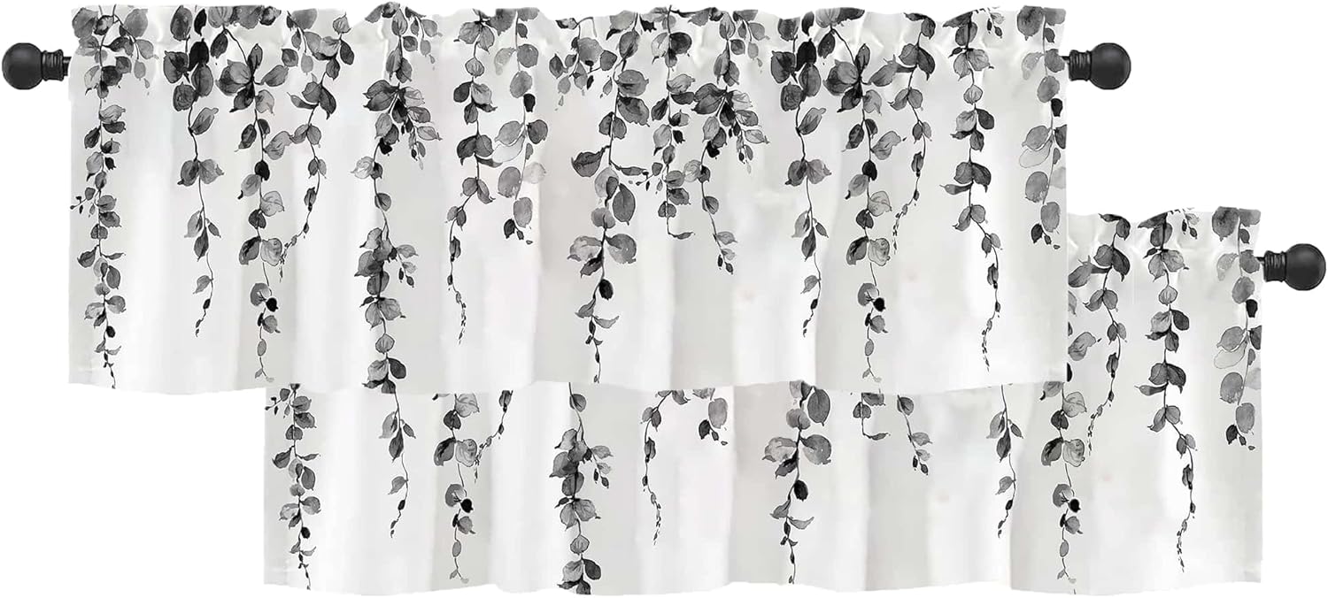 2 Pack Watercolor Blue Leaves Window Valance for Bedroom Living Room, Leaf Vine Plant Curtains Valanes for Windows, 3" Rod Pocket Window Treatment for Season Home Decorations, 54 x 18 Inch, 2 Panel