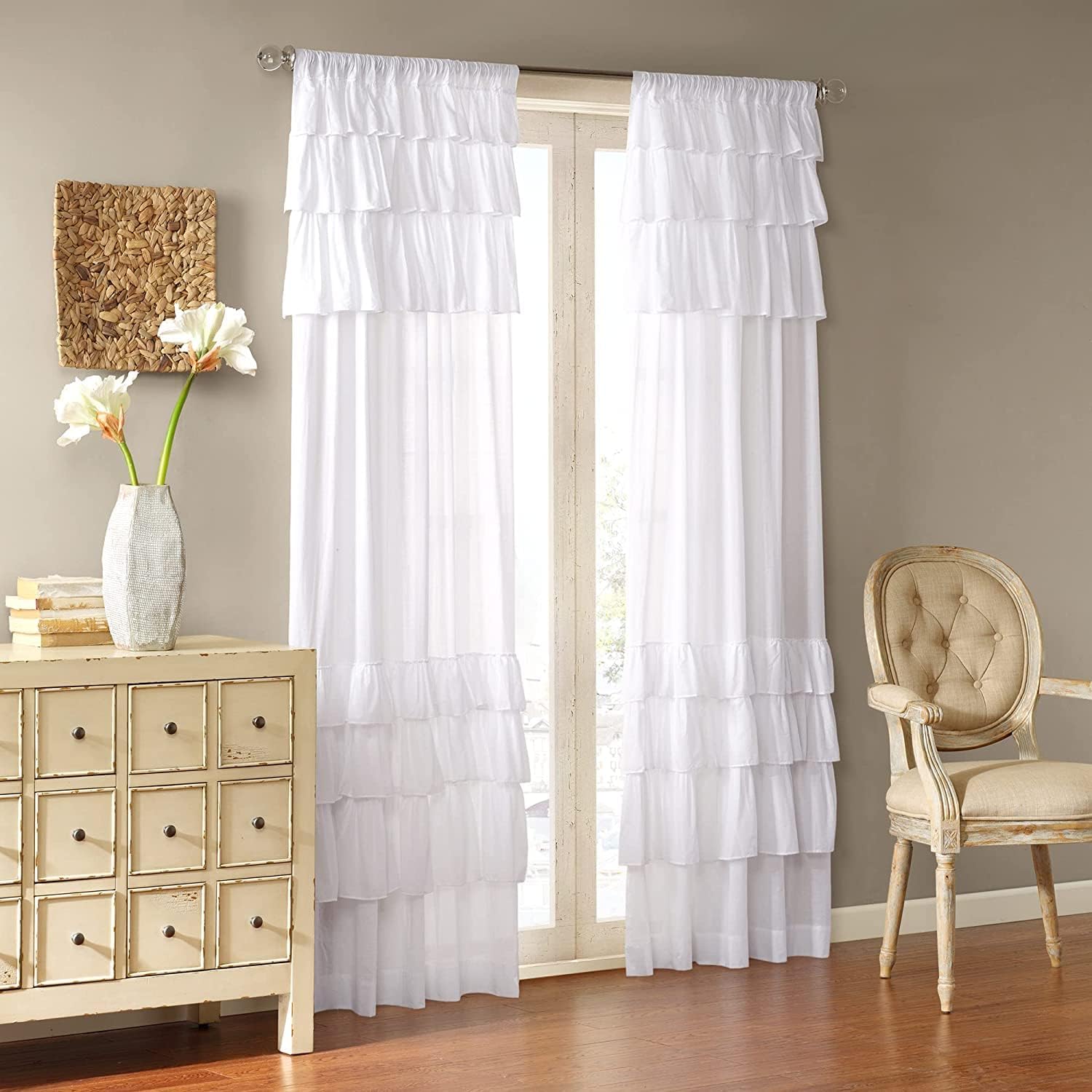 Madison Park Anna Oversized Ruffle Rod Pocket Valance , Classic Vintage Cotton Valances for Window , 50X18" , White