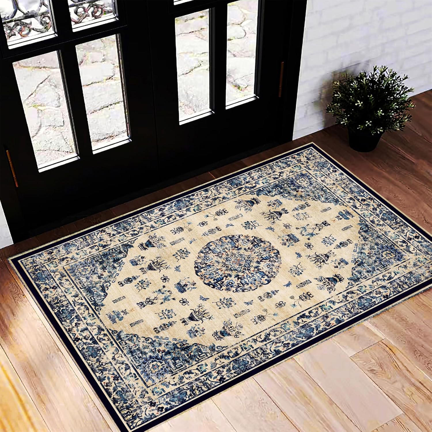 Area Rug 8x10 Washable Rug Brown Vintage Traditional Mat Distressed Indoor Foldable Thin Retro Accent Floral Non Slip Carpet Living Room Dining Room Office