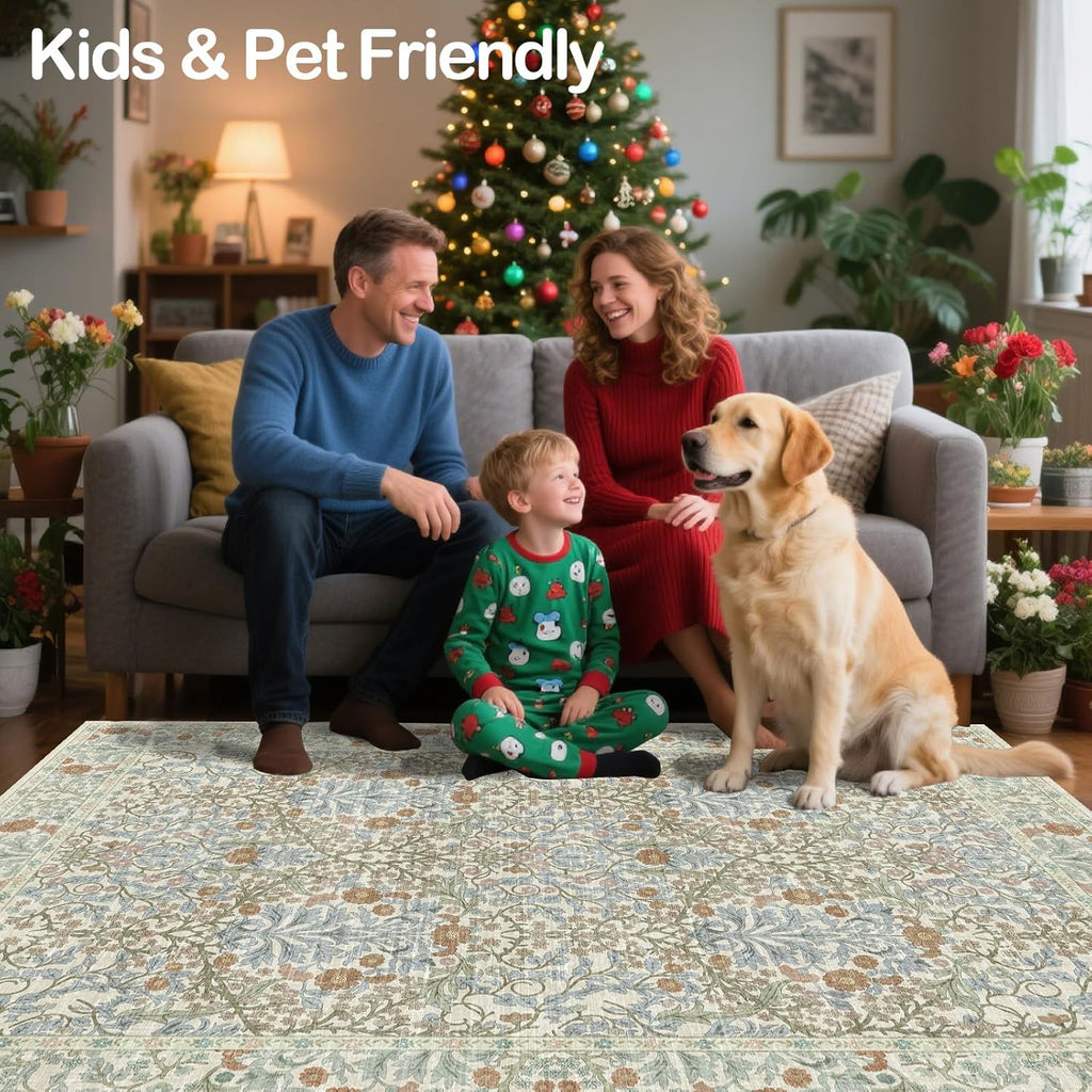 Vintage Beige Blue Living Room Rug, 8x10 Washable Area Rugs for Dining Room Under Table, Soft Low Pile Large Carpet Bedroom, Non-Slip Boho Floral (8 x 10 Beige Blue)