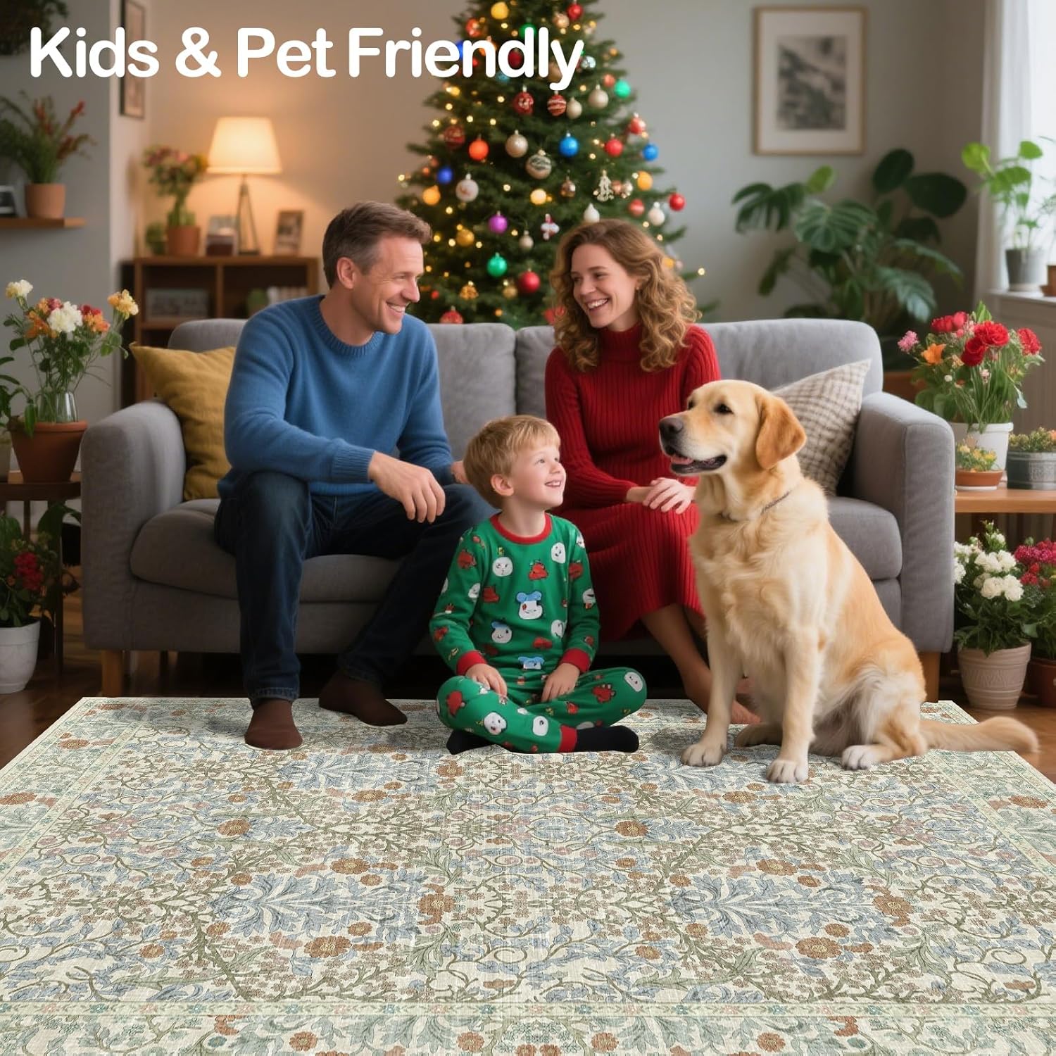 Vintage Beige Blue Living Room Rug, 8x10 Washable Area Rugs for Dining Room Under Table, Soft Low Pile Large Carpet Bedroom, Non-Slip Boho Floral (8 x 10 Beige Blue)