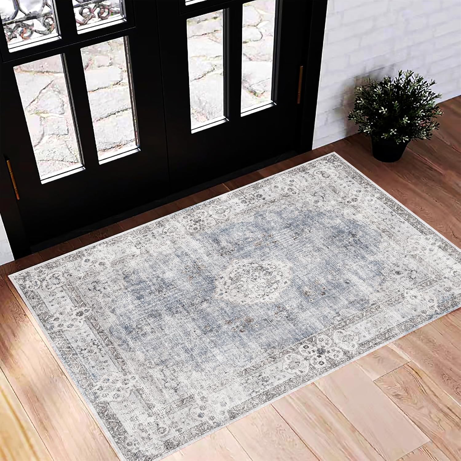 Area Rug 8x10 Washable Rug Brown Vintage Traditional Mat Distressed Indoor Foldable Thin Retro Accent Floral Non Slip Carpet Living Room Dining Room Office