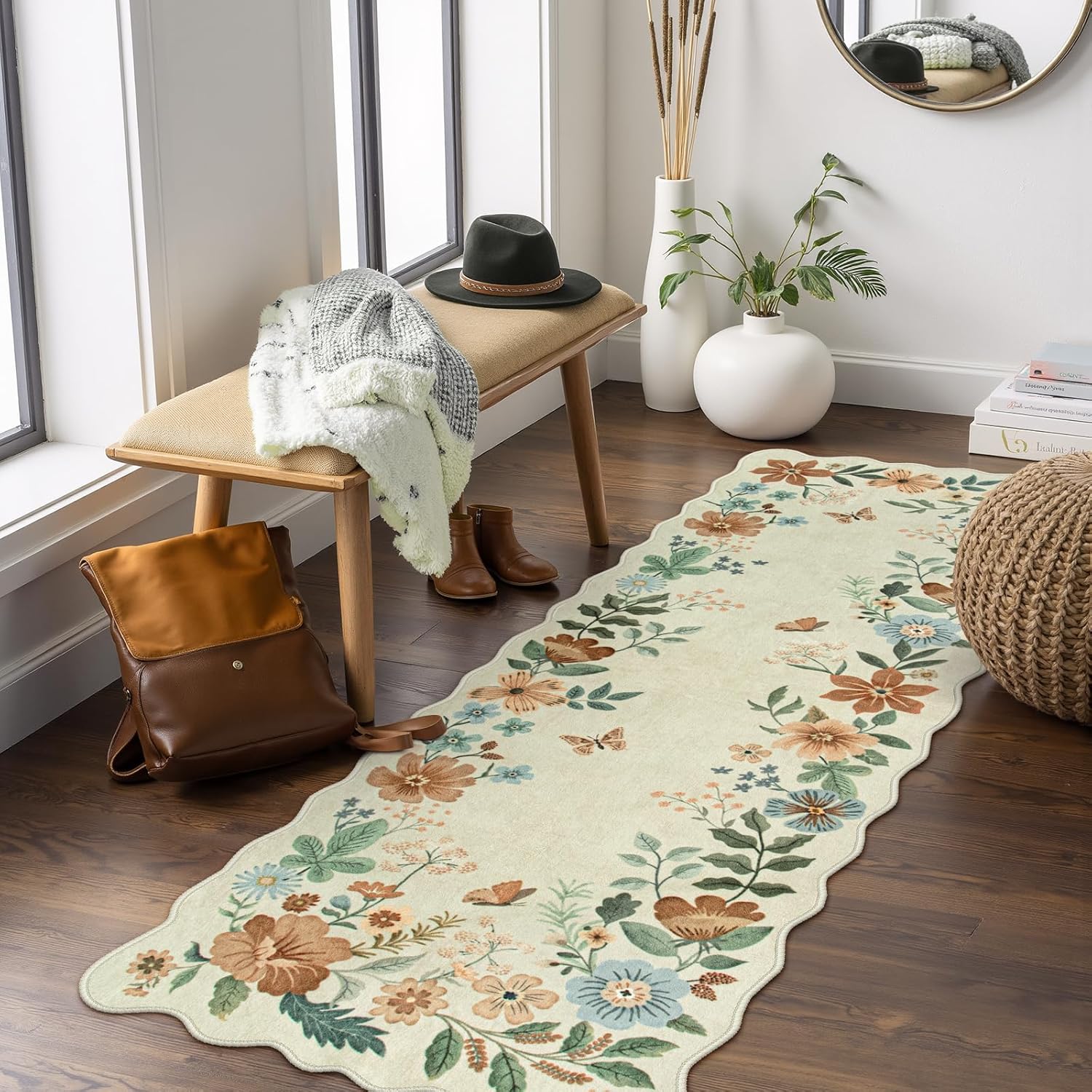 Lahome Floral Washable Rugs 8x10, Non-Slip Soft Green Rug Stain Resistant, Ultra-Thin 8x10 Rugs for Living Room Easy Clean Boho Accent Carpet for Dining Room Office(8x10ft,Green)
