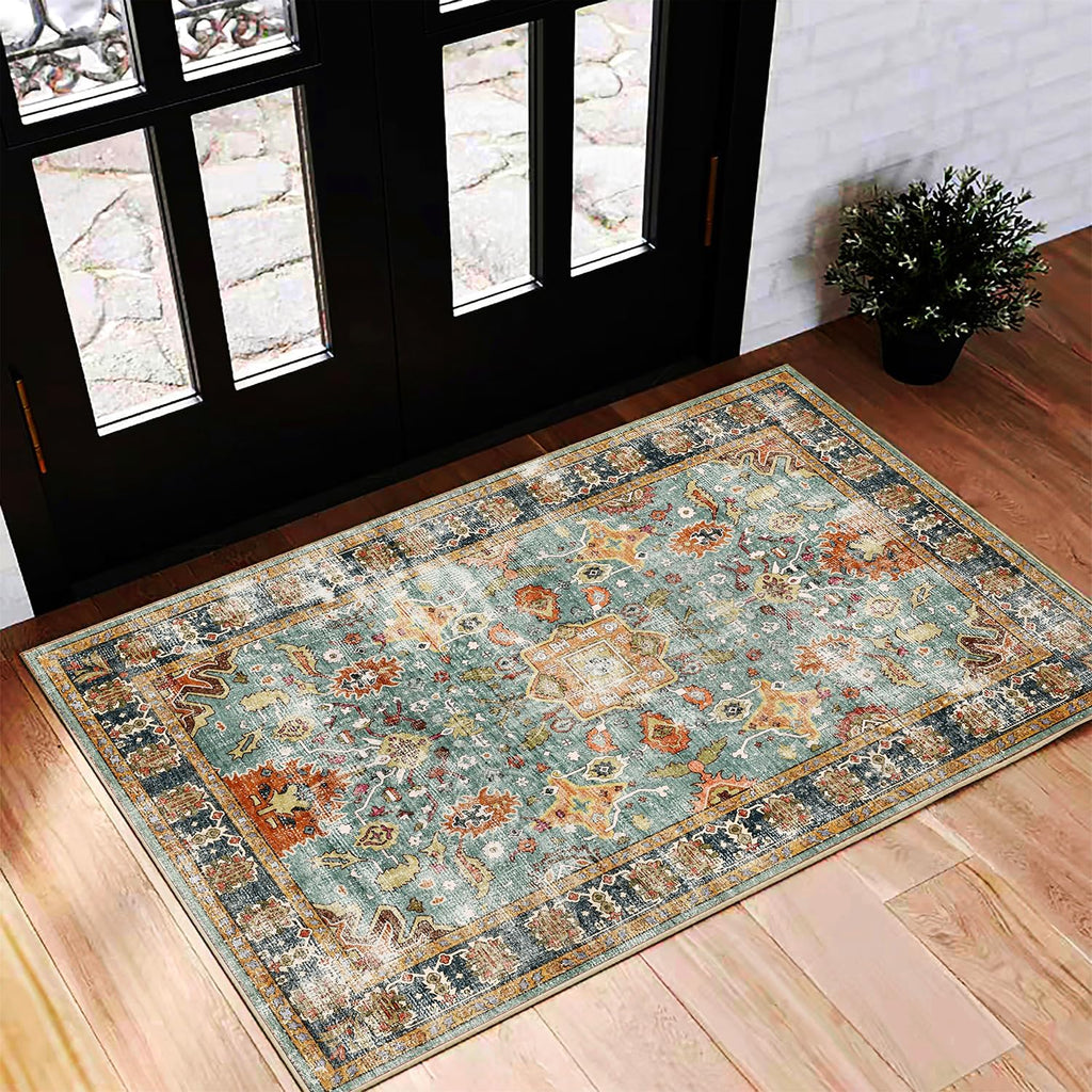 Area Rug 8x10 Washable Rug Brown Vintage Traditional Mat Distressed Indoor Foldable Thin Retro Accent Floral Non Slip Carpet Living Room Dining Room Office