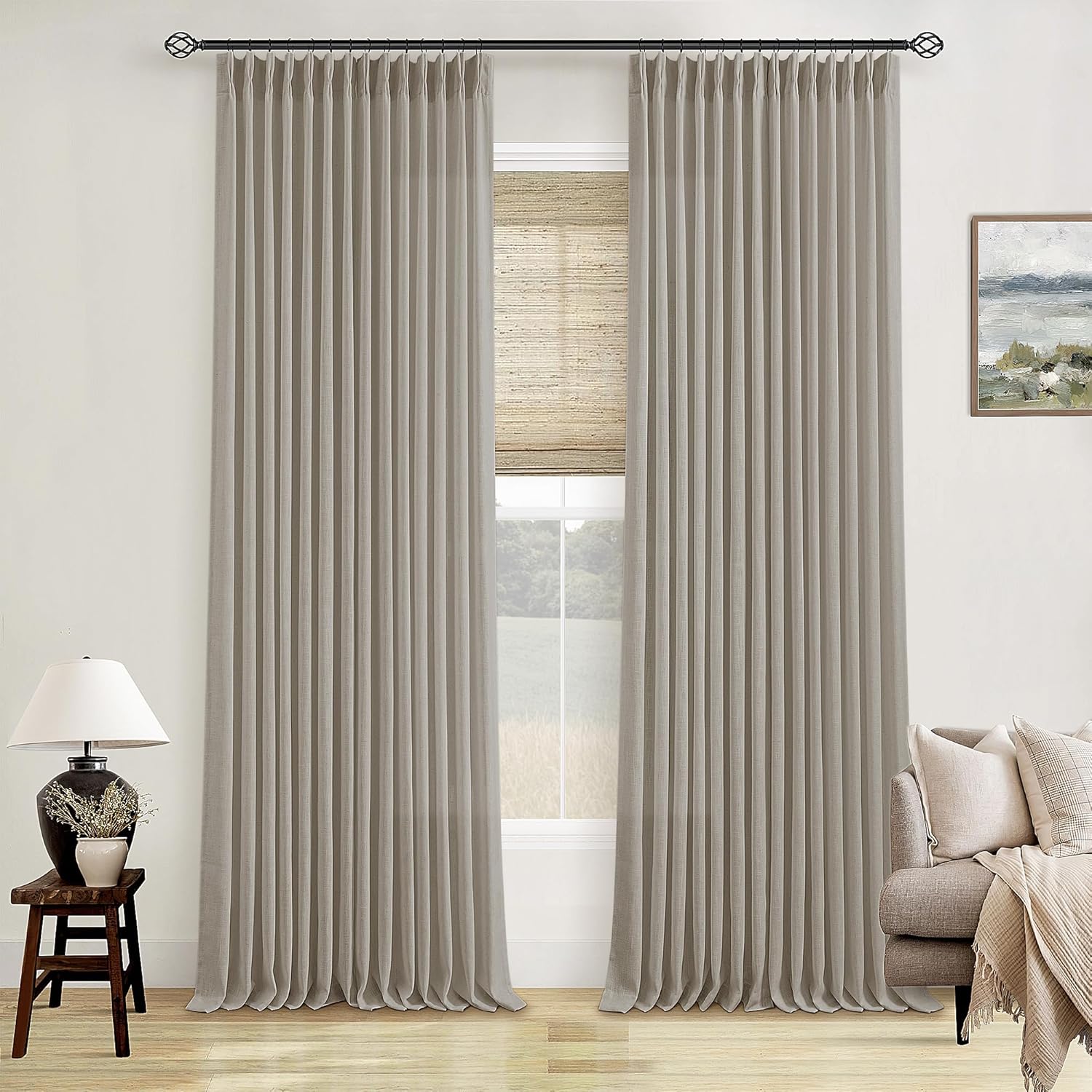 Natural Pinch Pleated Linen Curtains 84 Inch Length 2 Panels for Living Room Bedroom Textured Cream Ivory Birch Semi Sheer Boho Neutral Back Tab Pinch Pleat Hooks Rings Window Curtain 84 Inches Long