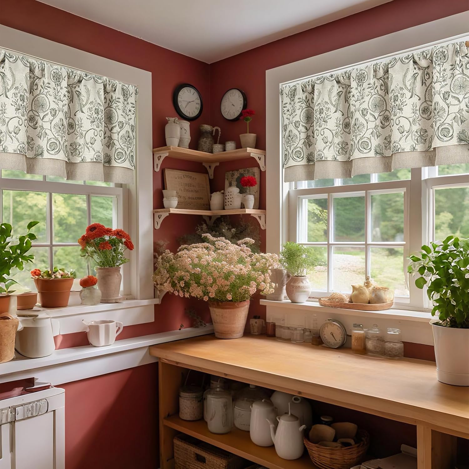 jinchan Linen Valance Kitchen Curtain for Windows Double Layer 16 Inch for Living Room Bedroom Christmas Decorations Blackout Vintage Rustic Farmhouse Cottagecore Rod Pocket 1 Panel Green on Beige