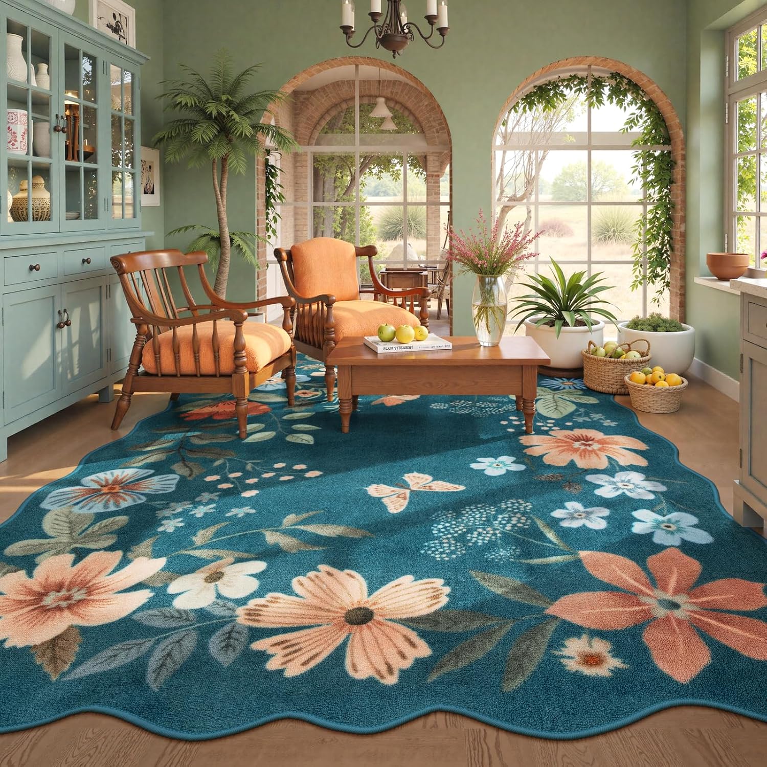 Lahome Floral Washable Rugs 8x10, Non-Slip Soft Green Rug Stain Resistant, Ultra-Thin 8x10 Rugs for Living Room Easy Clean Boho Accent Carpet for Dining Room Office(8x10ft,Green)