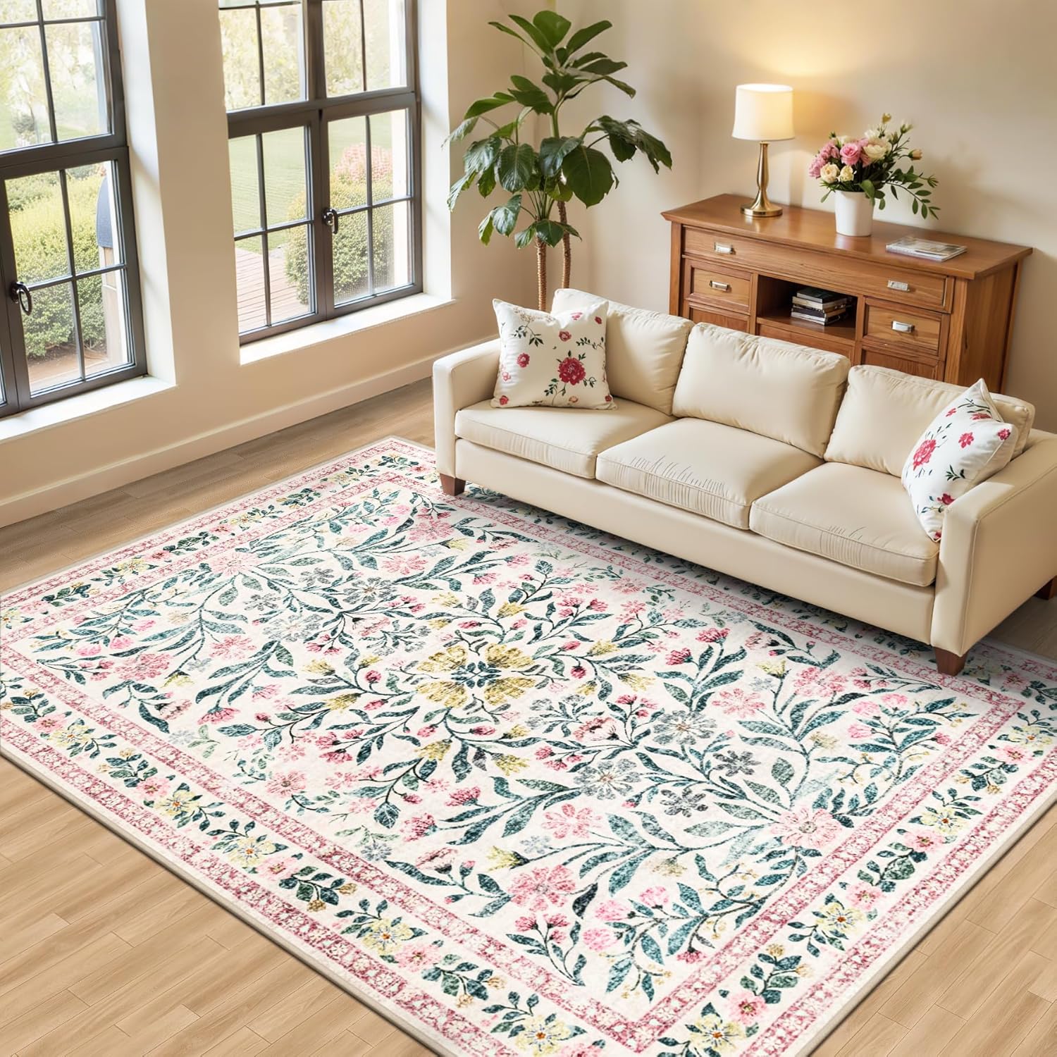 8x10 Area Rugs for Living Room: Floral Washable Rug Vintage Large Soft Boho Non-Slip Carpet Indoor Floor Stain Resistant Carpets for Bedroom Dining Room Farmhouse Nursery Home Office Beige/Multi