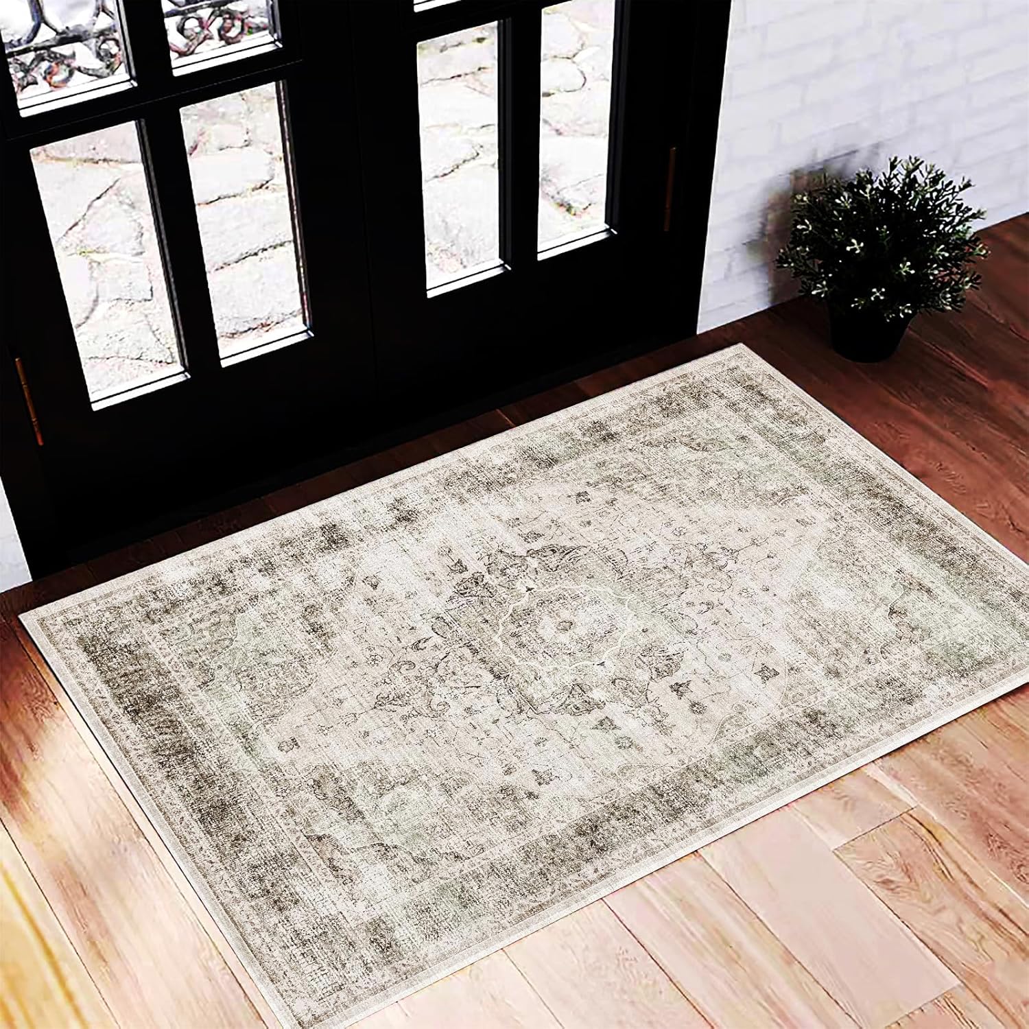 Area Rug 8x10 Washable Rug Brown Vintage Traditional Mat Distressed Indoor Foldable Thin Retro Accent Floral Non Slip Carpet Living Room Dining Room Office