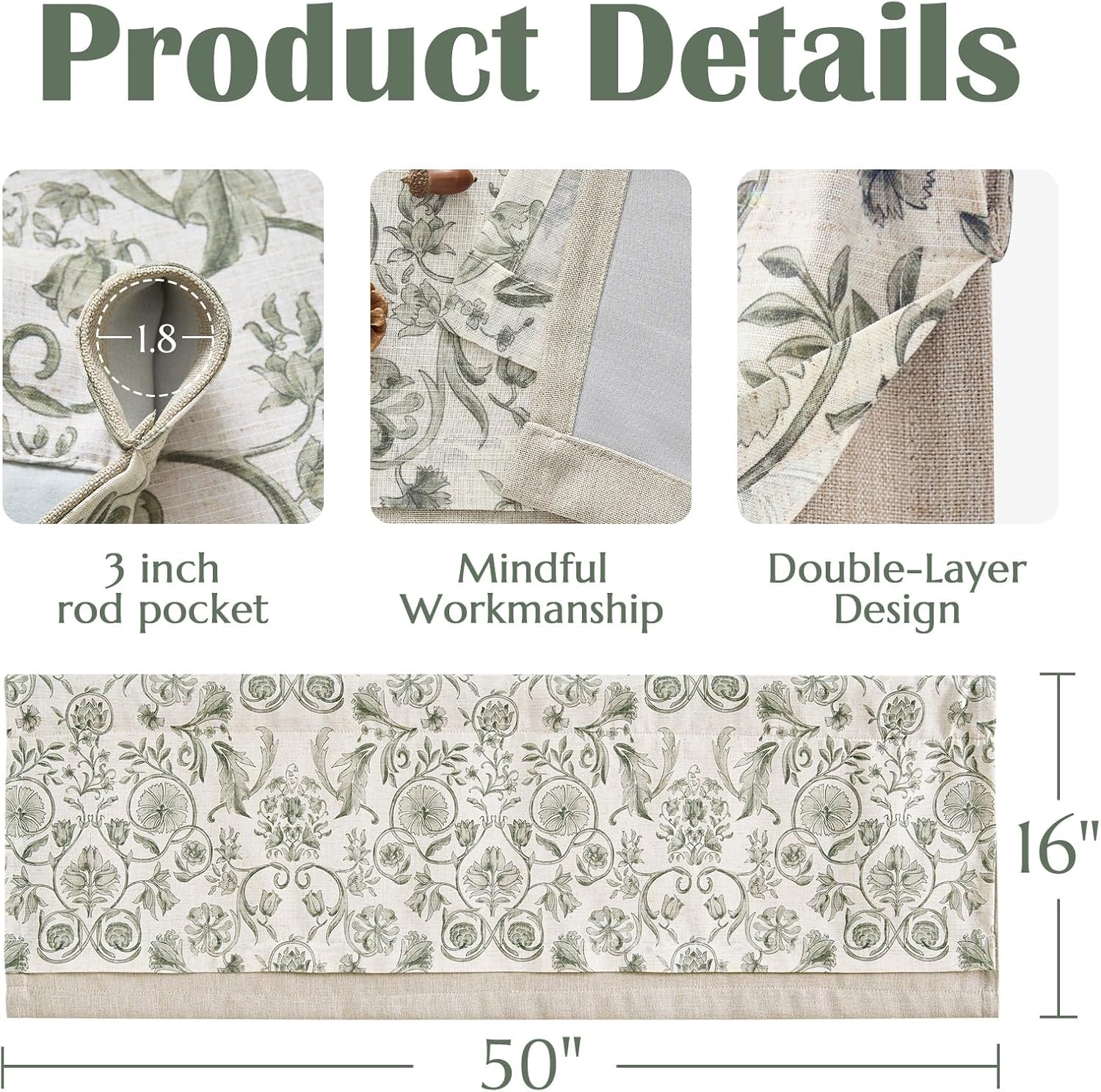 jinchan Linen Valance Kitchen Curtain for Windows Double Layer 16 Inch for Living Room Bedroom Christmas Decorations Blackout Vintage Rustic Farmhouse Cottagecore Rod Pocket 1 Panel Green on Beige