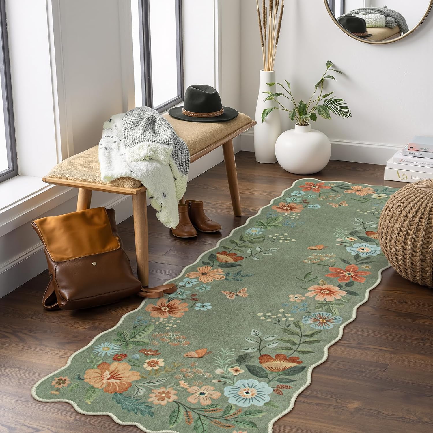 Lahome Floral Washable Rugs 8x10, Non-Slip Soft Green Rug Stain Resistant, Ultra-Thin 8x10 Rugs for Living Room Easy Clean Boho Accent Carpet for Dining Room Office(8x10ft,Green)