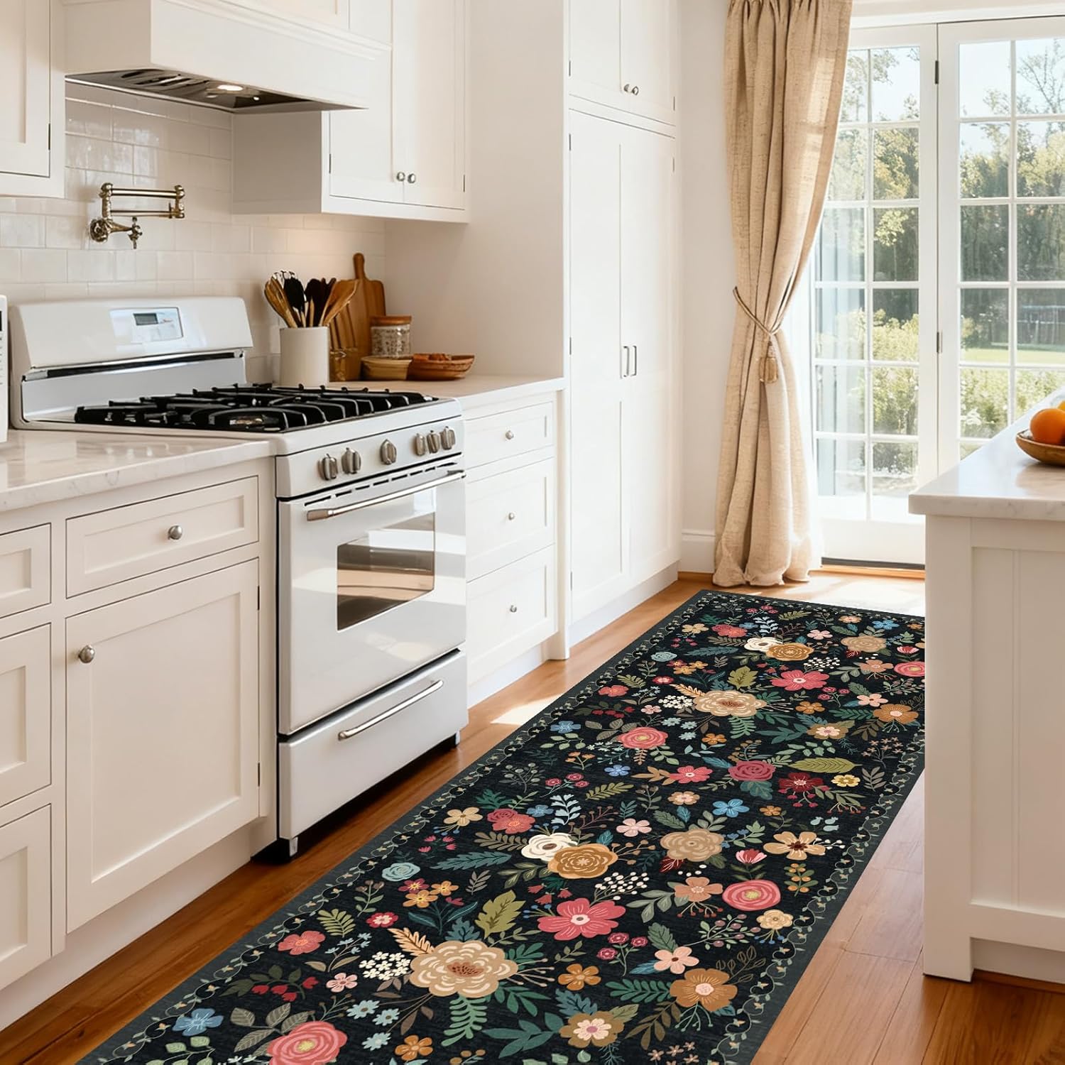 Vintage Beige Blue Living Room Rug, 8x10 Washable Area Rugs for Dining Room Under Table, Soft Low Pile Large Carpet Bedroom, Non-Slip Boho Floral (8 x 10 Beige Blue)