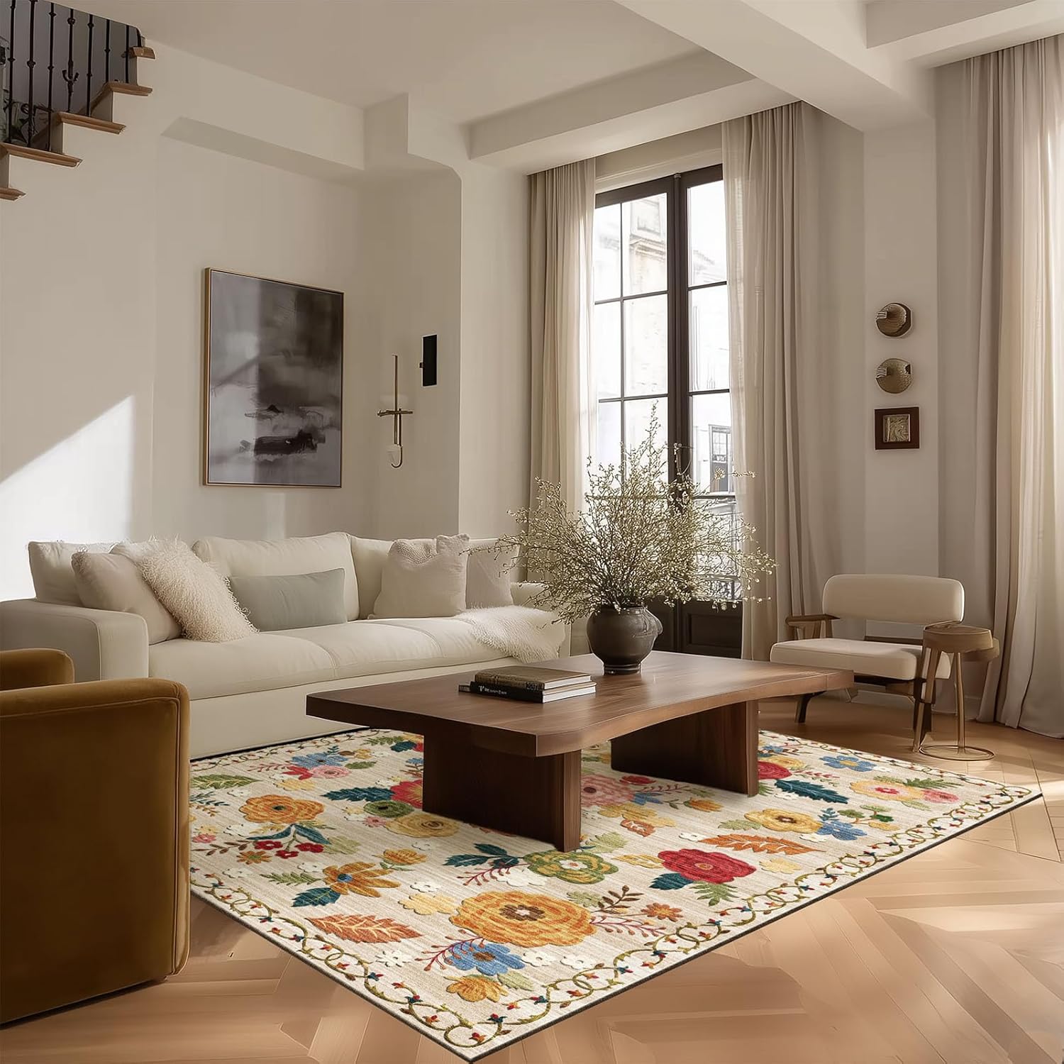 8x10 Area Rugs for Living Room: Washable Rug Stain Resistant Distressed Vintage Floral Rug Non Slip Low Pile Faux Wool Soft Large Area Rugs for Bedroom Bedside Farmhouse Dining Room Kids Nursery