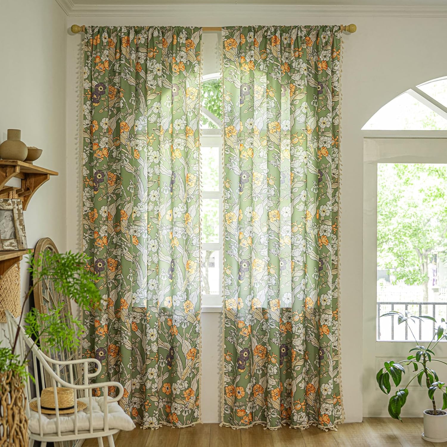 ENJOYBRIDAL Floral Bedroom Curtains 84 Inch Length 2 Panels Set Farmhouse Semi Sheer Living Room Drapes Cotton Linen Blend Bohemian Window Curtain Panels with Tassel Beige Rod Pocket Drapes