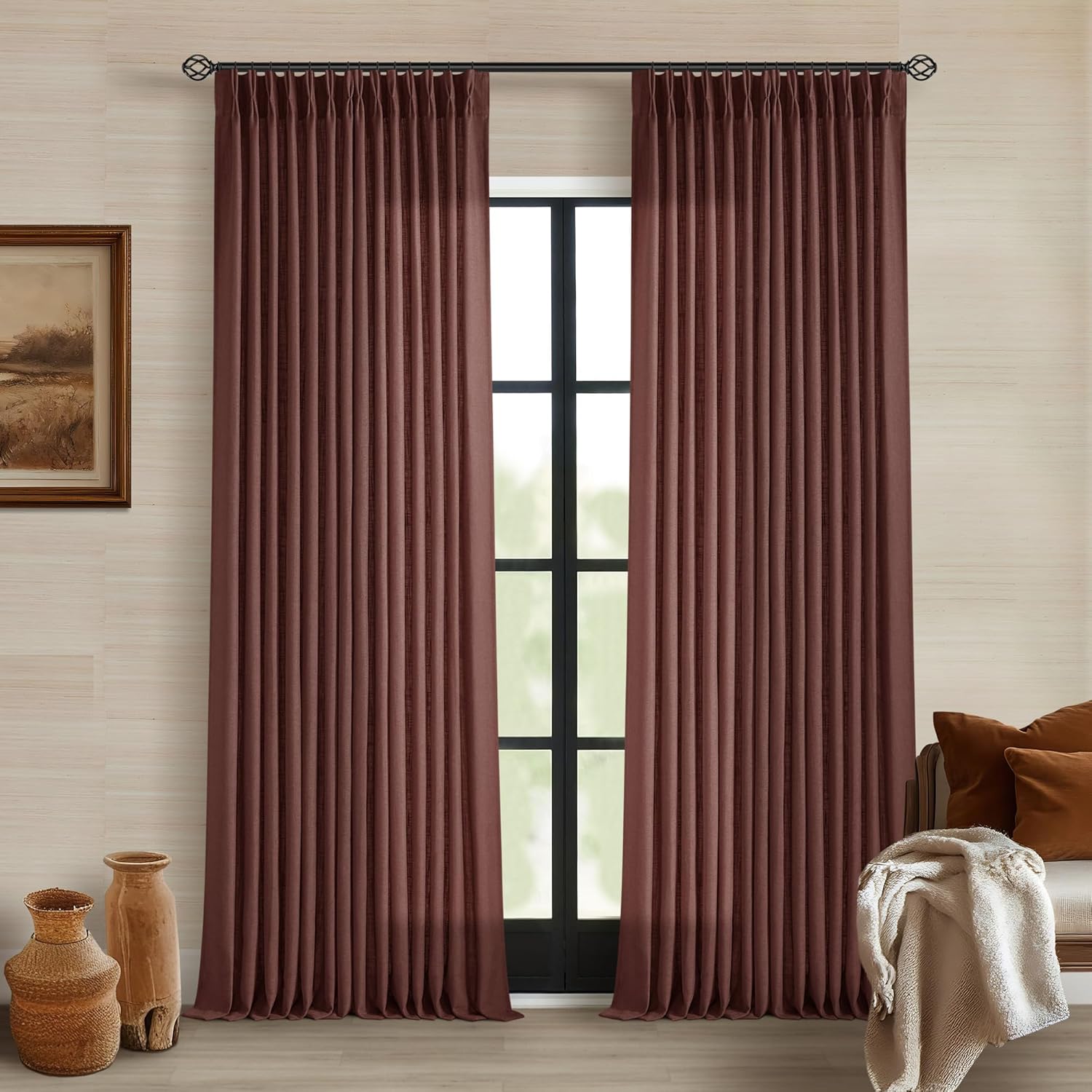 Natural Pinch Pleated Linen Curtains 84 Inch Length 2 Panels for Living Room Bedroom Textured Cream Ivory Birch Semi Sheer Boho Neutral Back Tab Pinch Pleat Hooks Rings Window Curtain 84 Inches Long