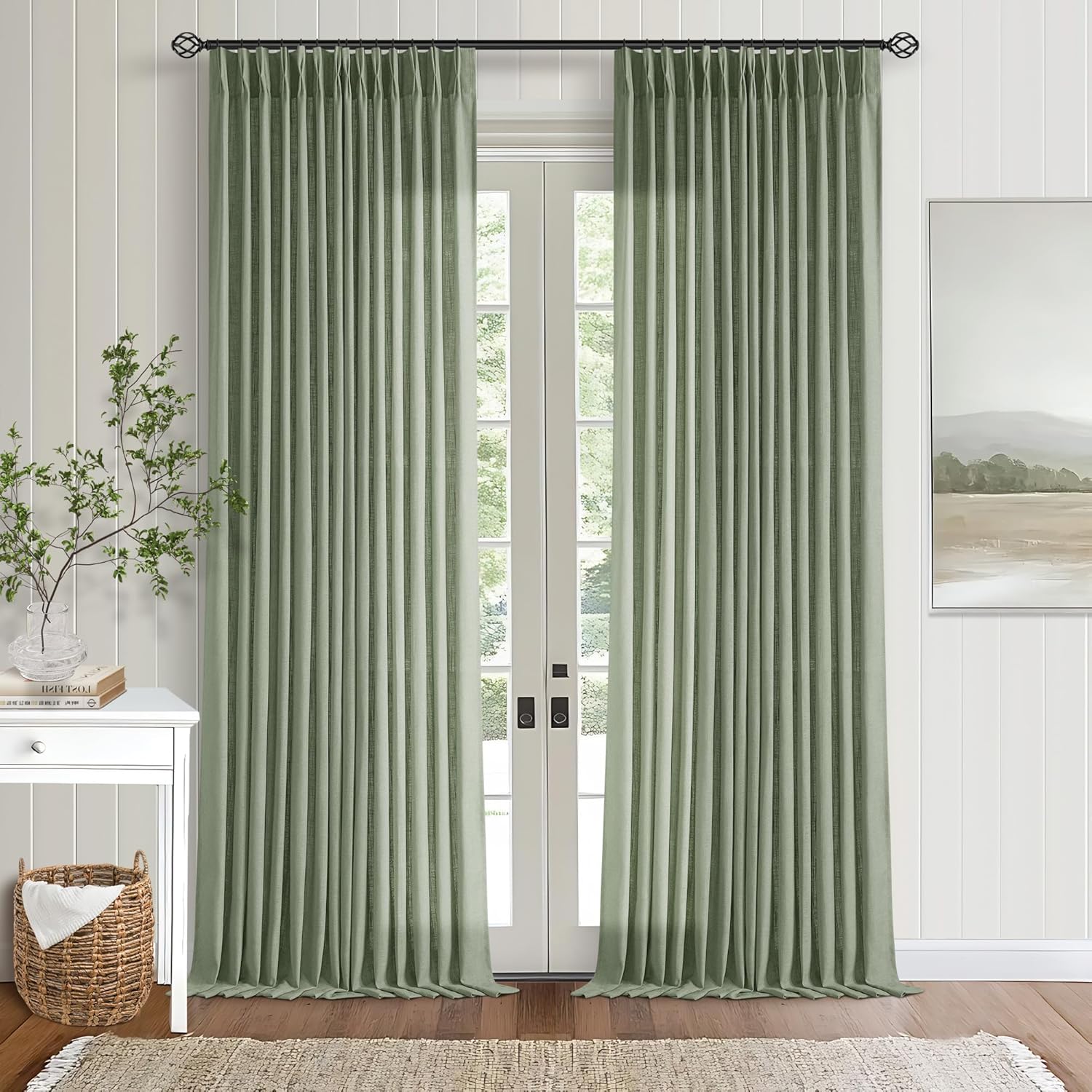 Natural Pinch Pleated Linen Curtains 84 Inch Length 2 Panels for Living Room Bedroom Textured Cream Ivory Birch Semi Sheer Boho Neutral Back Tab Pinch Pleat Hooks Rings Window Curtain 84 Inches Long