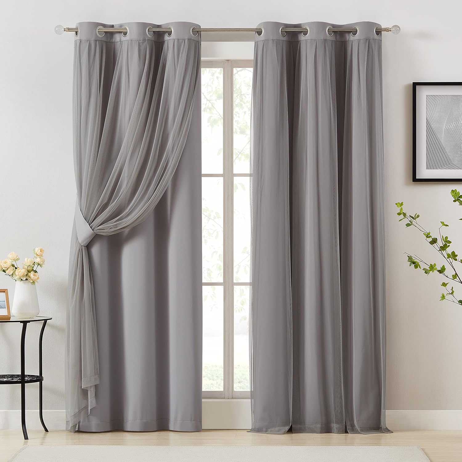 Bujasso Beige 90% Blackout Curtains with Sheer Overlay Mix and Match Double Layer Thermal Insulated Window Panels 84 inch for Living Room Bedroom Beige Drapes with Tiebacks Grommet Top 37" Wx84 Lx2