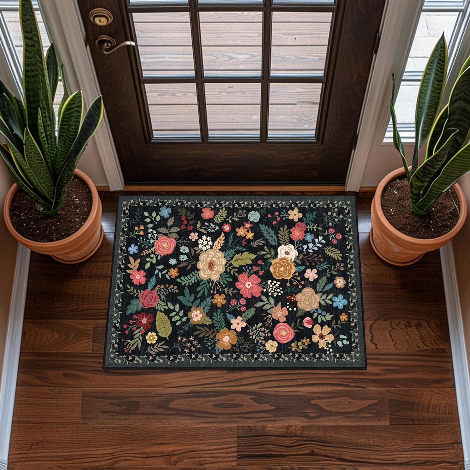 Vintage Beige Blue Living Room Rug, 8x10 Washable Area Rugs for Dining Room Under Table, Soft Low Pile Large Carpet Bedroom, Non-Slip Boho Floral (8 x 10 Beige Blue)