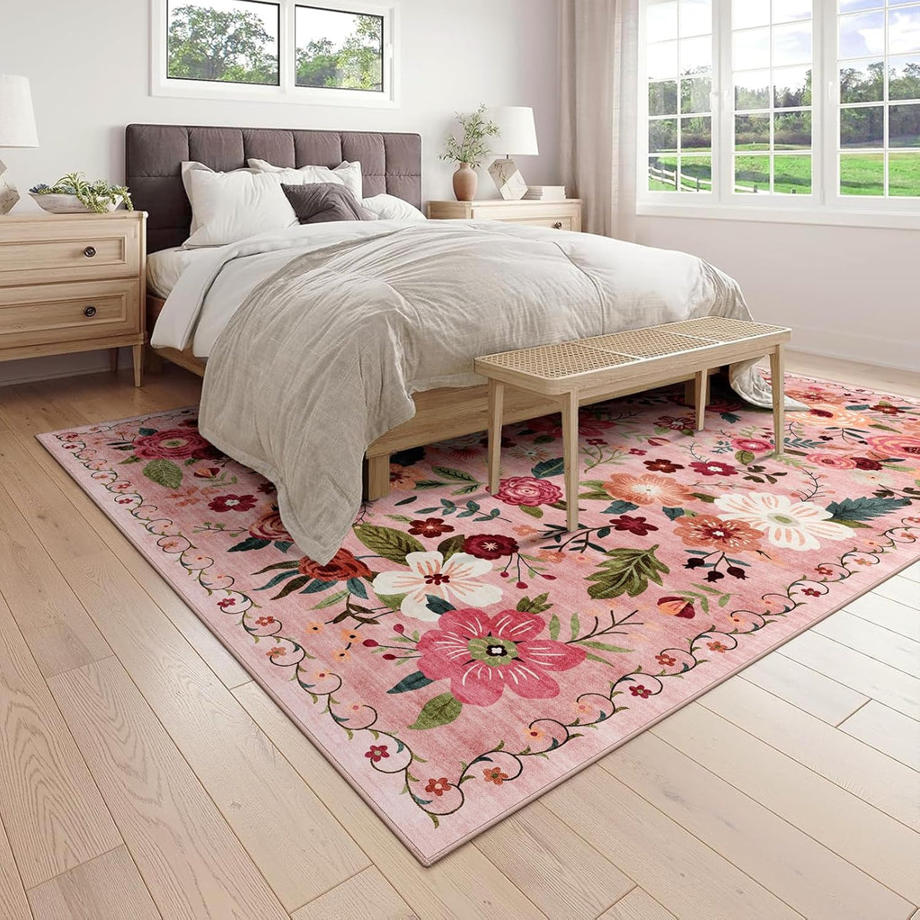 8x10 Washable Area Rug for Living Room, Floral Non-Slip Non-Shedding & Easy Care, Large Soft Low Pile Indoor Floor Carpet for Living Room, Bedroom, Farmhouse, Dining Room, Kids Playroom, Pink