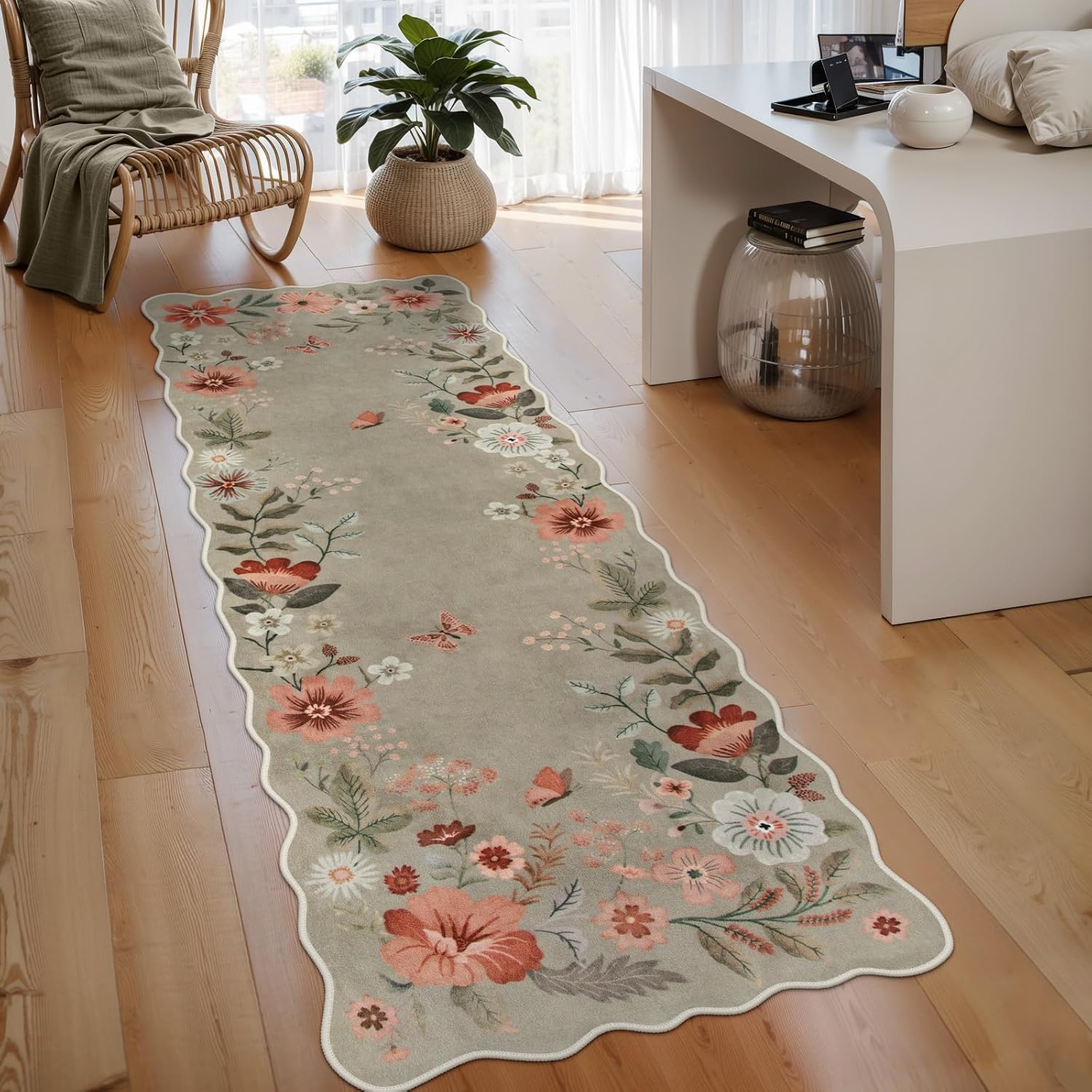 Lahome Floral Washable Rugs 8x10, Non-Slip Soft Green Rug Stain Resistant, Ultra-Thin 8x10 Rugs for Living Room Easy Clean Boho Accent Carpet for Dining Room Office(8x10ft,Green)
