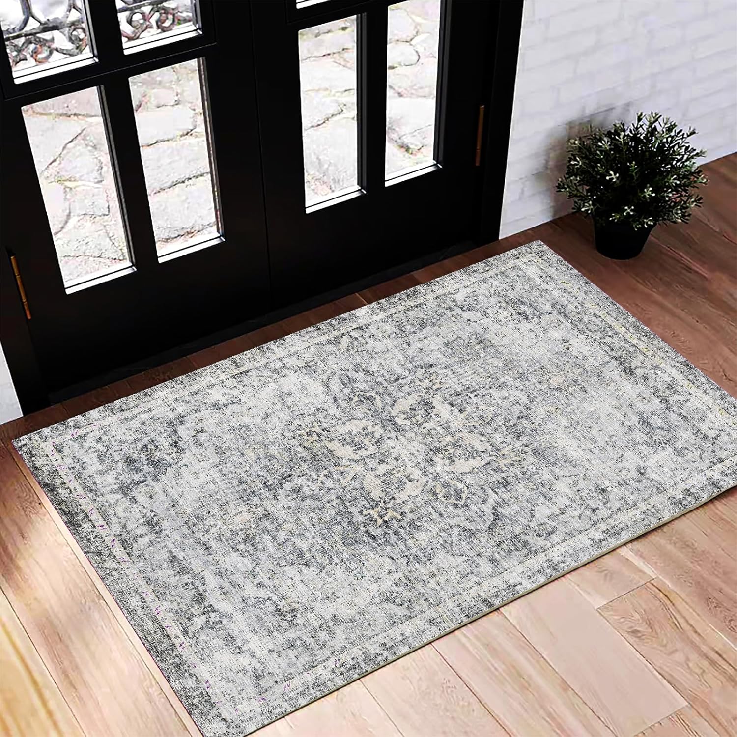 Area Rug 8x10 Washable Rug Brown Vintage Traditional Mat Distressed Indoor Foldable Thin Retro Accent Floral Non Slip Carpet Living Room Dining Room Office