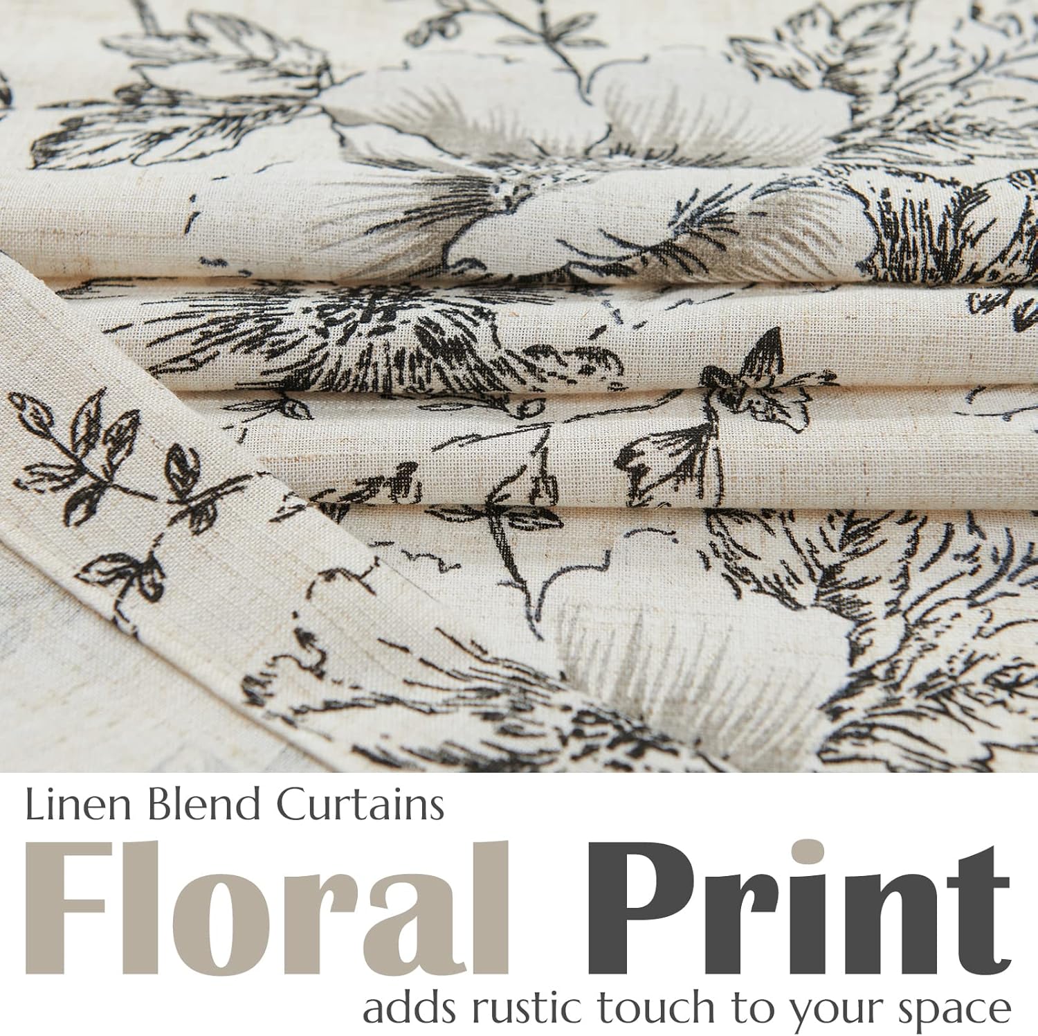 jinchan Tie Up Valance Floral Linen for Windows Farmhouse Valance 45 Inch Peonies Botanical Short Window Treatment Adjustable for Kitchen Living Room Light Filtering 1 Panel Black on Beige