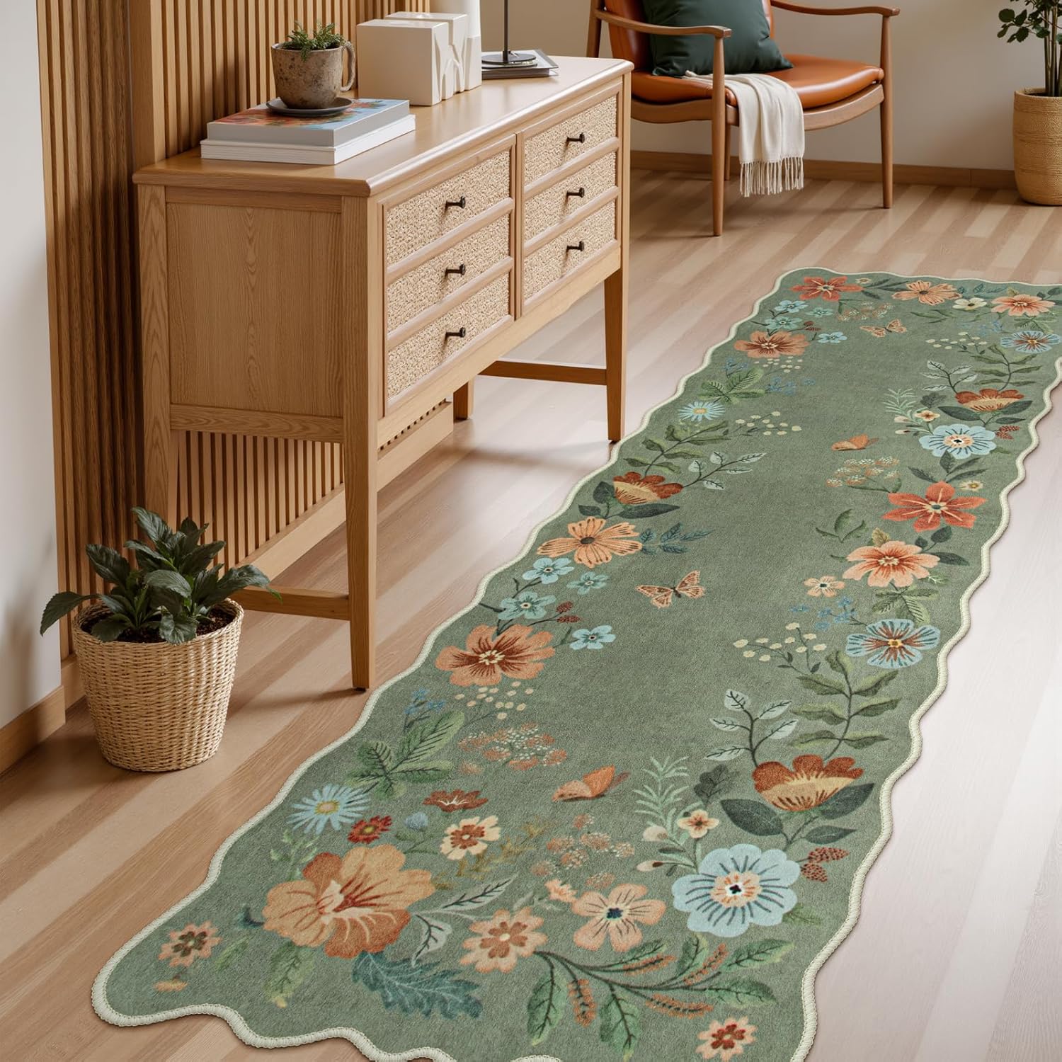 Lahome Floral Washable Rugs 8x10, Non-Slip Soft Green Rug Stain Resistant, Ultra-Thin 8x10 Rugs for Living Room Easy Clean Boho Accent Carpet for Dining Room Office(8x10ft,Green)
