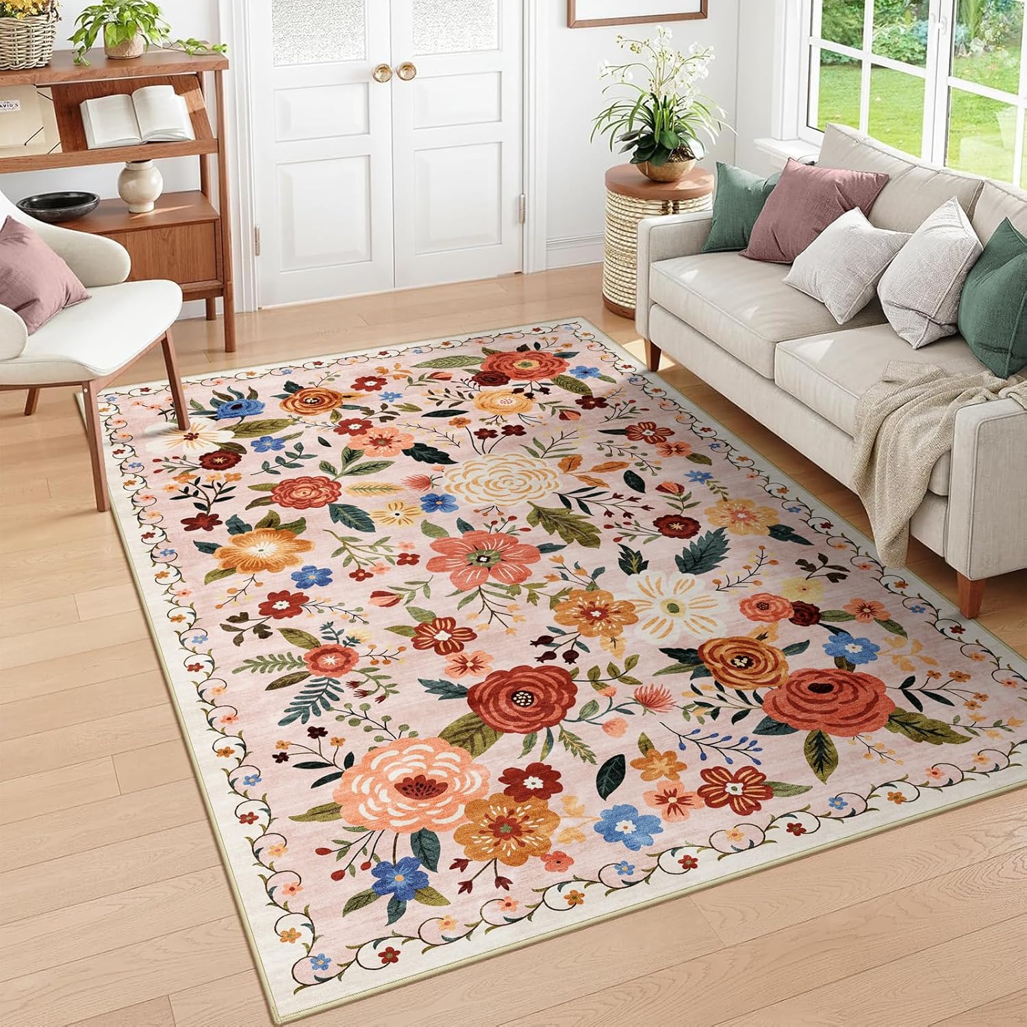 8x10 Washable Area Rug for Living Room, Floral Non-Slip Non-Shedding & Easy Care, Large Soft Low Pile Indoor Floor Carpet for Living Room, Bedroom, Farmhouse, Dining Room, Kids Playroom, Pink