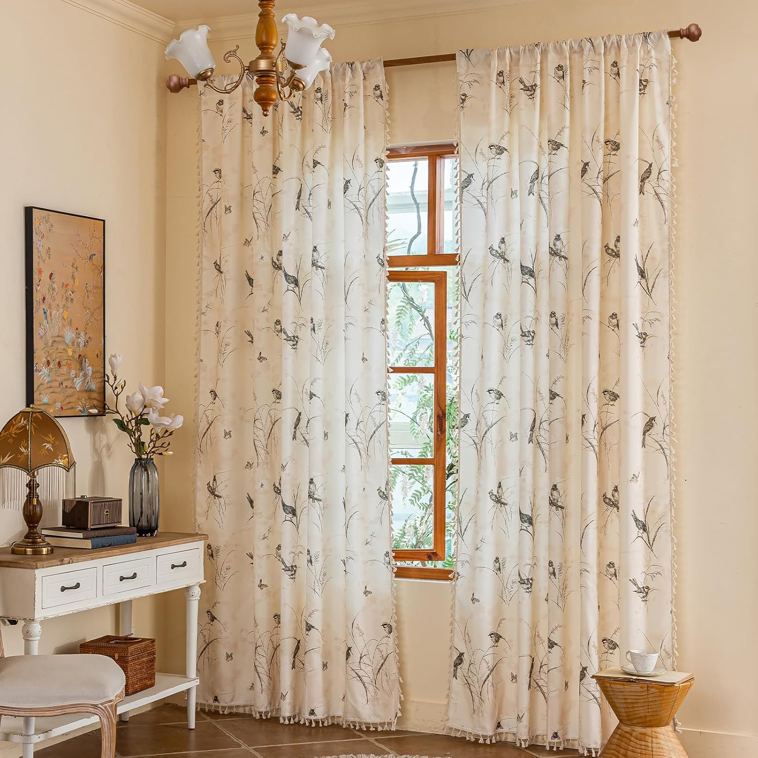 ENJOYBRIDAL Floral Bedroom Curtains 84 Inch Length 2 Panels Set Farmhouse Semi Sheer Living Room Drapes Cotton Linen Blend Bohemian Window Curtain Panels with Tassel Beige Rod Pocket Drapes