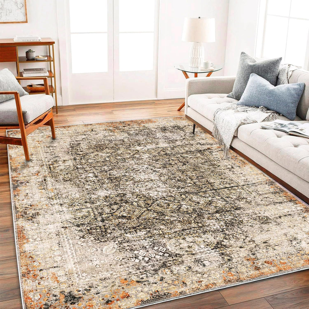 Area Rug 8x10 Washable Rug Brown Vintage Traditional Mat Distressed Indoor Foldable Thin Retro Accent Floral Non Slip Carpet Living Room Dining Room Office