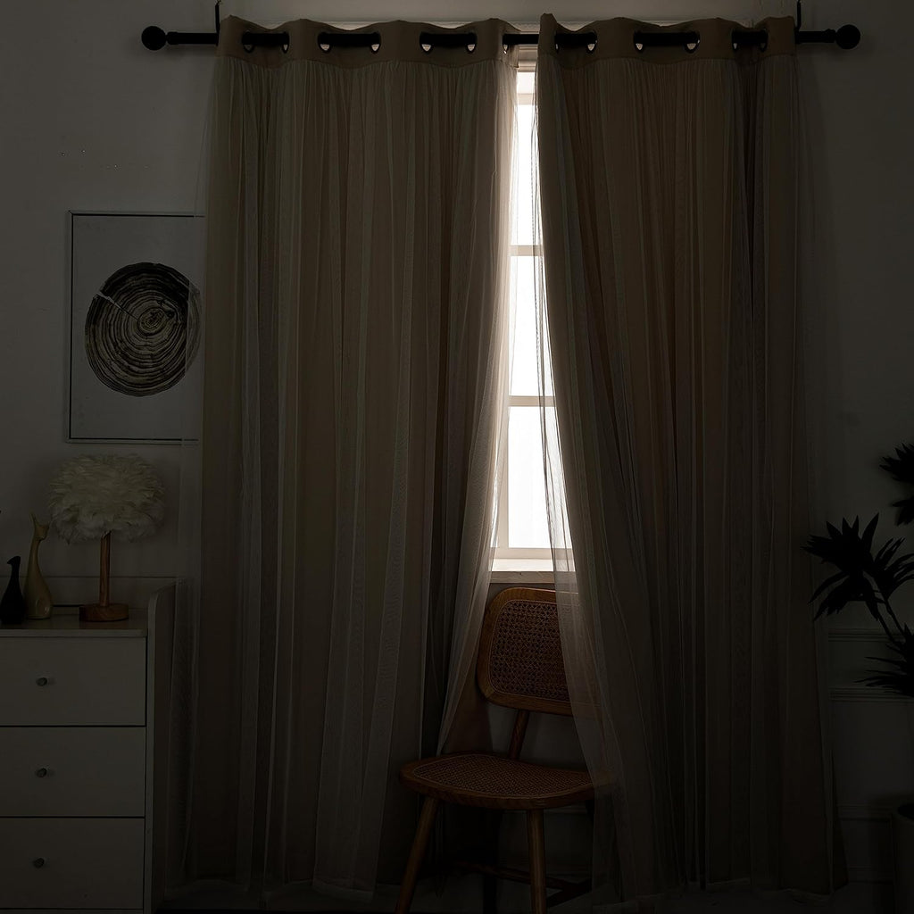 INLINAS Beige Blackout Curtains with Sheer Overlay - Grommet Top Thermal and Noise Reduction Panels for Bedroom and Living Room Light Blocking and Energy Saving, 52 x 84 Inches, Set of 2