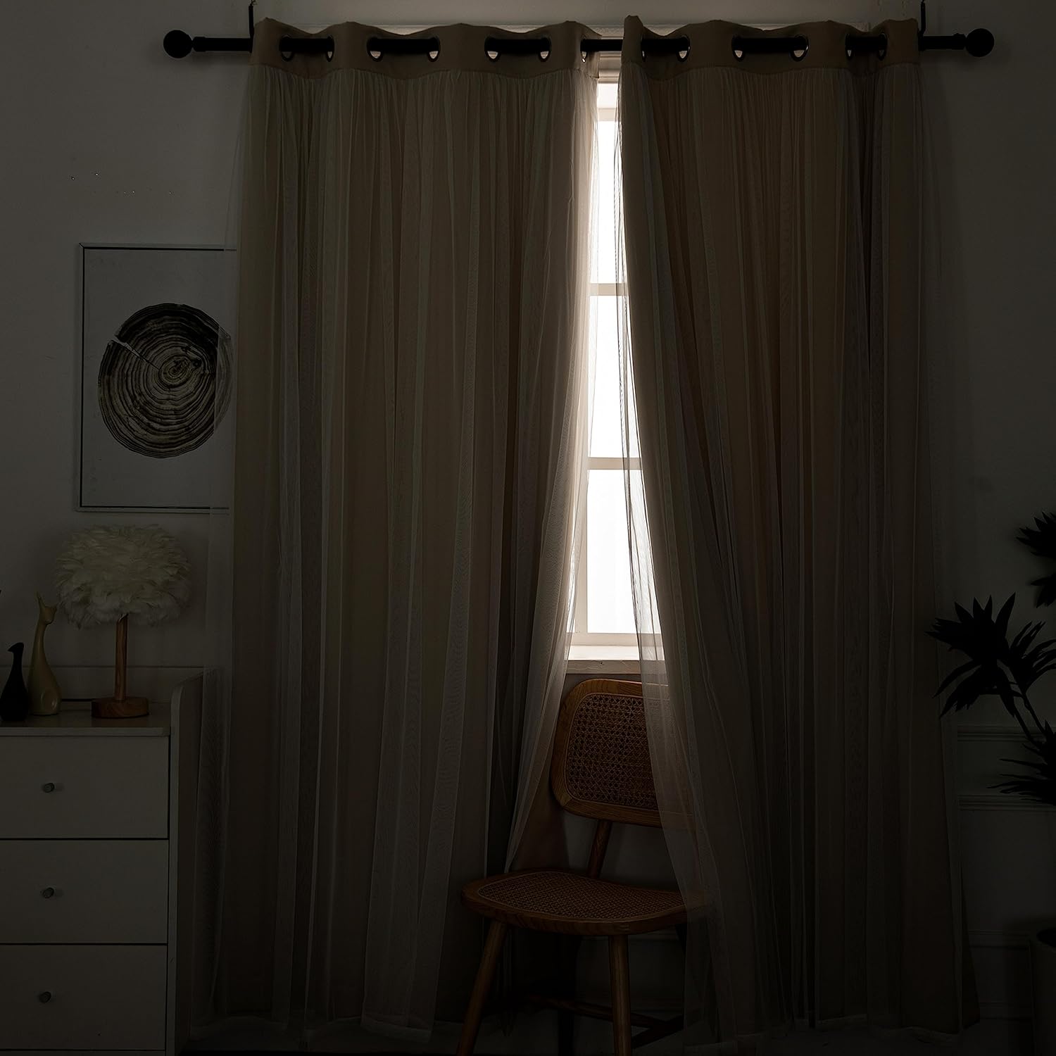 INLINAS Beige Blackout Curtains with Sheer Overlay - Grommet Top Thermal and Noise Reduction Panels for Bedroom and Living Room Light Blocking and Energy Saving, 52 x 84 Inches, Set of 2