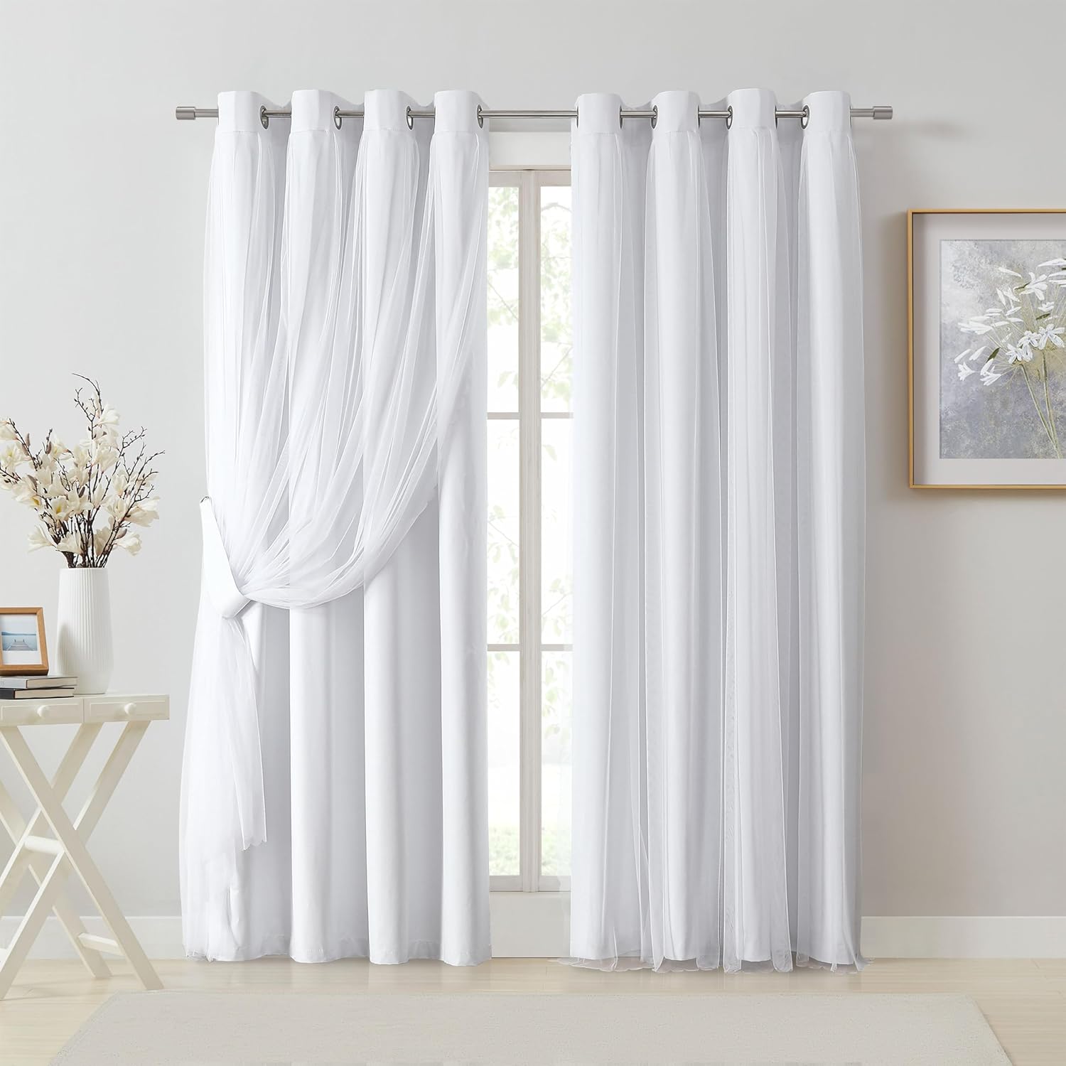 Bujasso Beige 90% Blackout Curtains with Sheer Overlay Mix and Match Double Layer Thermal Insulated Window Panels 84 inch for Living Room Bedroom Beige Drapes with Tiebacks Grommet Top 37" Wx84 Lx2