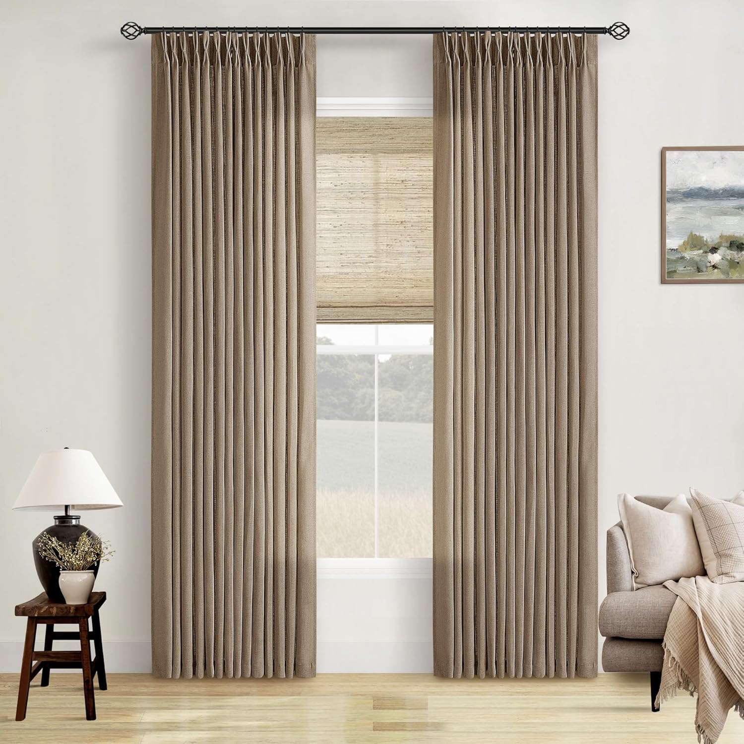 Natural Pinch Pleated Linen Curtains 84 Inch Length 2 Panels for Living Room Bedroom Textured Cream Ivory Birch Semi Sheer Boho Neutral Back Tab Pinch Pleat Hooks Rings Window Curtain 84 Inches Long