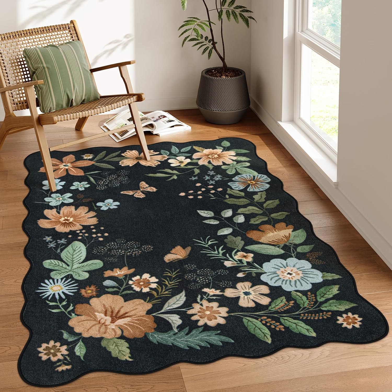 Lahome Floral Washable Rugs 8x10, Non-Slip Soft Green Rug Stain Resistant, Ultra-Thin 8x10 Rugs for Living Room Easy Clean Boho Accent Carpet for Dining Room Office(8x10ft,Green)