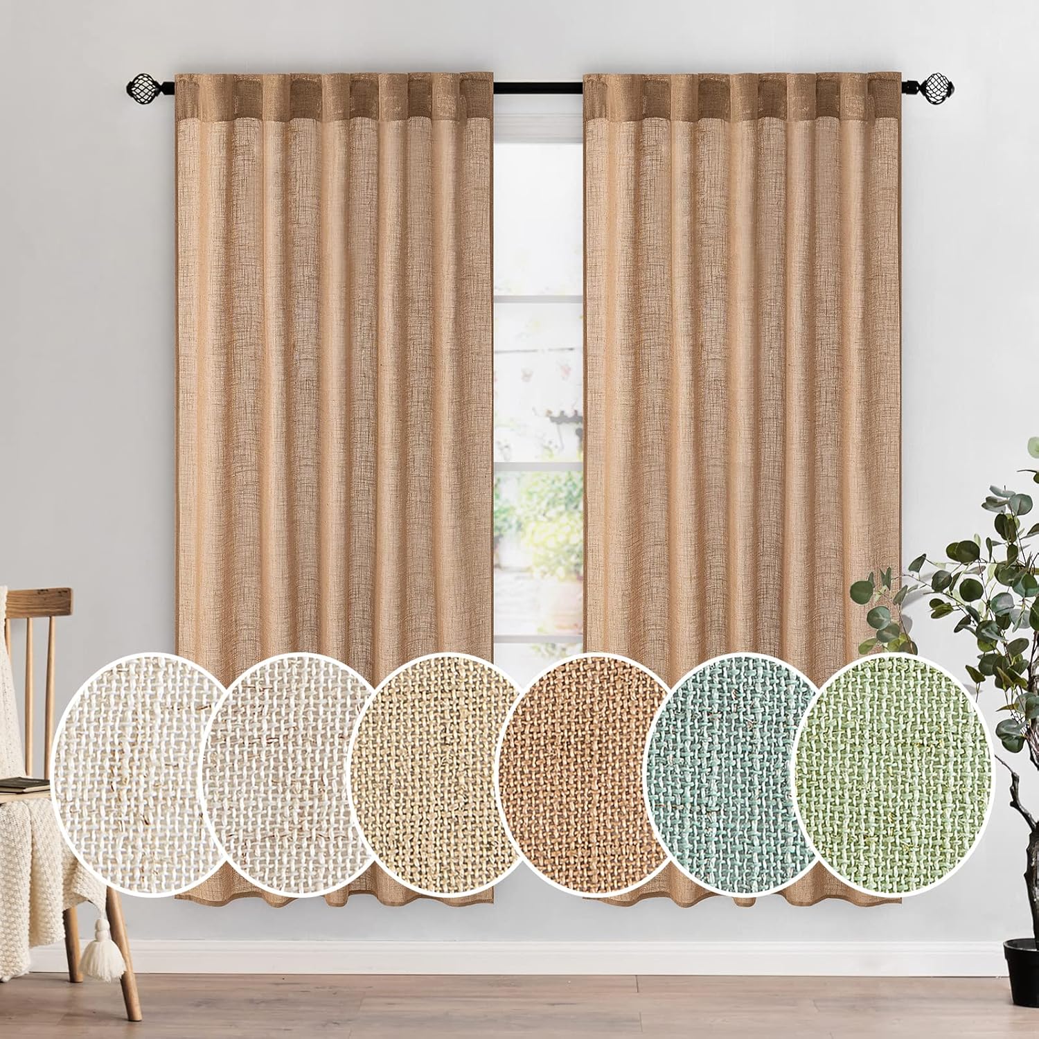 MIULEE Taupe Linen Curtains 84 Inch Length for Bedroom Living Room, Soft Thick Linen Textured Window Drapes Semi Sheer Light Filtering Back Tab Rod Pocket Burlap Look Farmhouse Country Decor, 2 Panels