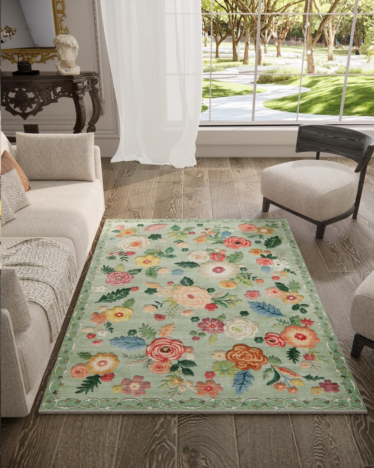 8x10 Area Rugs for Living Room: Washable Rug Stain Resistant Distressed Vintage Floral Rug Non Slip Low Pile Faux Wool Soft Large Area Rugs for Bedroom Bedside Farmhouse Dining Room Kids Nursery