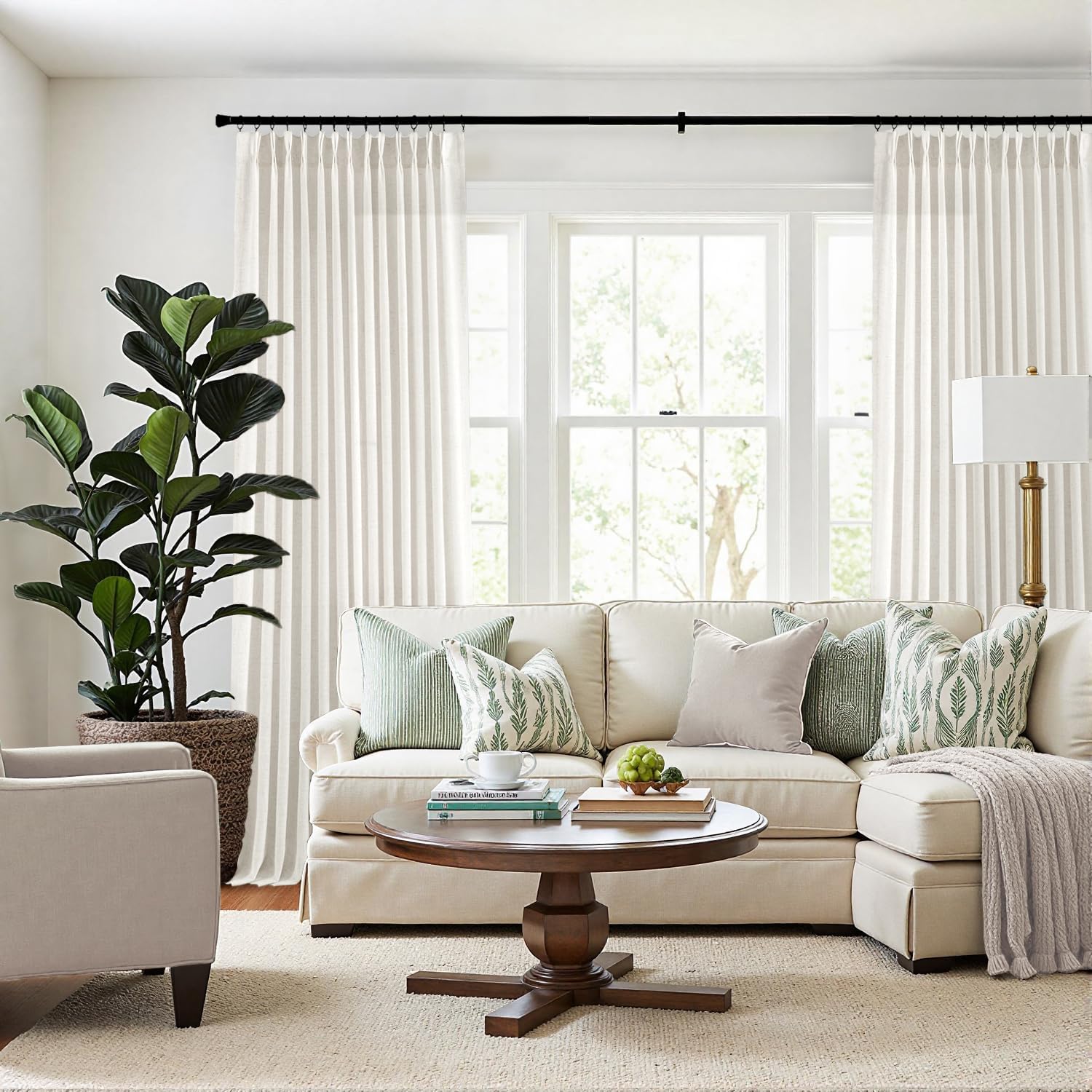 MIULEE 96 Inches Long Pinch Pleated Natural Linen Curtains 2 Panels Set for Bedroom Living Room, Viral Pleat Semi Sheer Drapes Light Filtering Textured Sheer Curtains with Hooks Floor to Ceiling