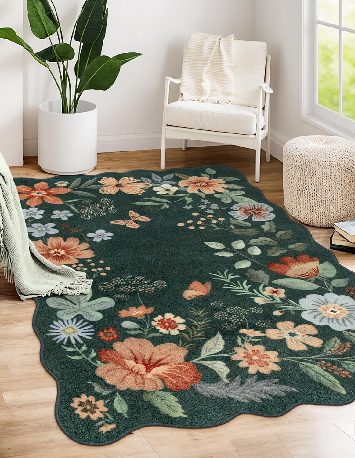 Lahome Floral Washable Rugs 8x10, Non-Slip Soft Green Rug Stain Resistant, Ultra-Thin 8x10 Rugs for Living Room Easy Clean Boho Accent Carpet for Dining Room Office(8x10ft,Green)
