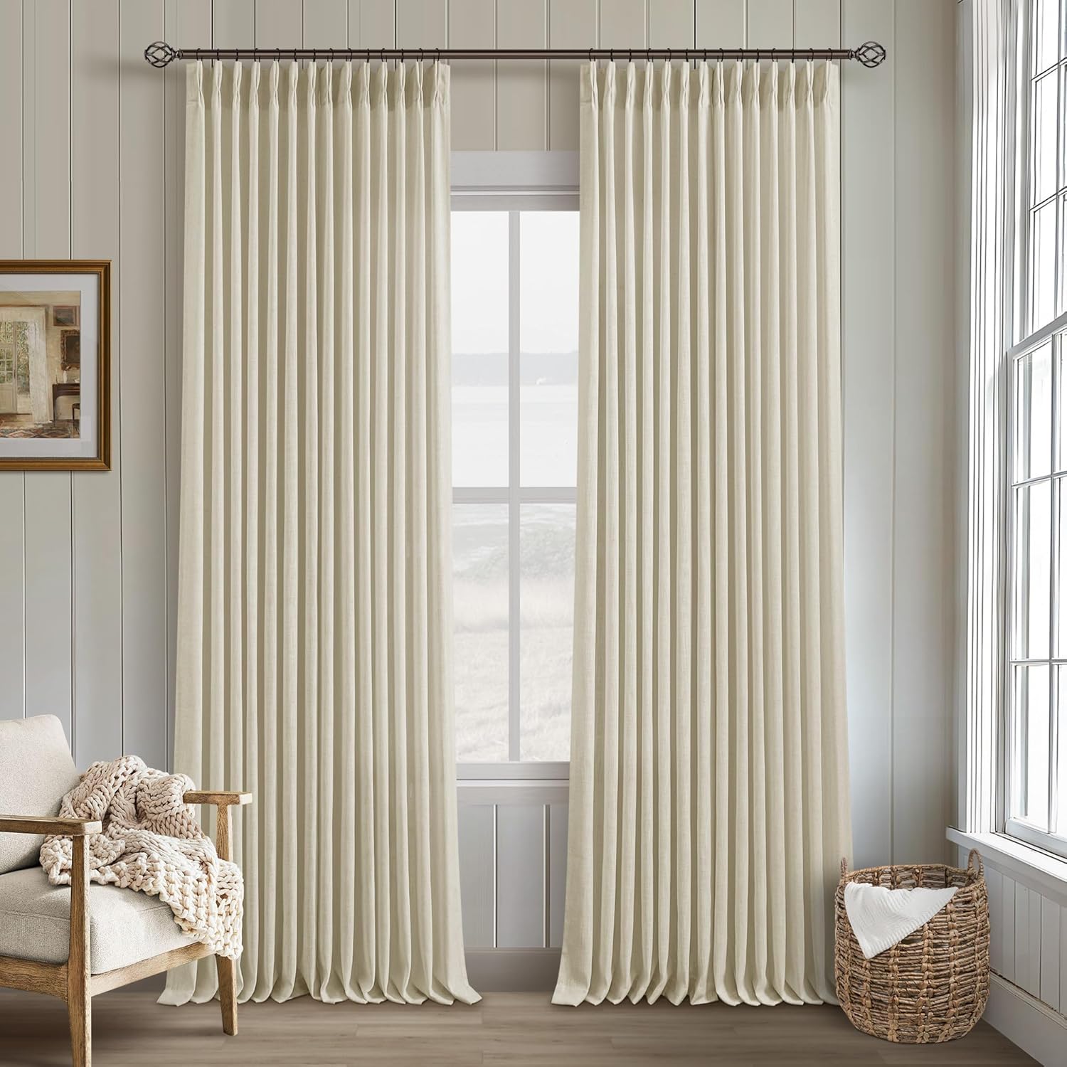 Natural Pinch Pleated Linen Curtains 84 Inch Length 2 Panels for Living Room Bedroom Textured Cream Ivory Birch Semi Sheer Boho Neutral Back Tab Pinch Pleat Hooks Rings Window Curtain 84 Inches Long