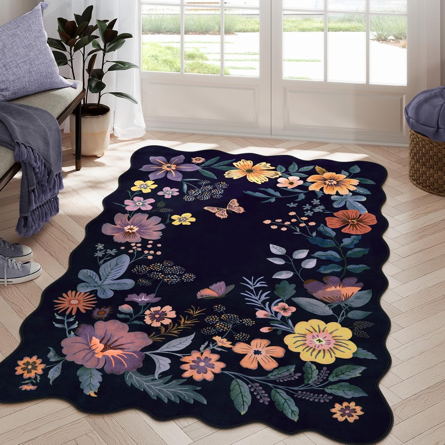 Lahome Floral Washable Rugs 8x10, Non-Slip Soft Green Rug Stain Resistant, Ultra-Thin 8x10 Rugs for Living Room Easy Clean Boho Accent Carpet for Dining Room Office(8x10ft,Green)