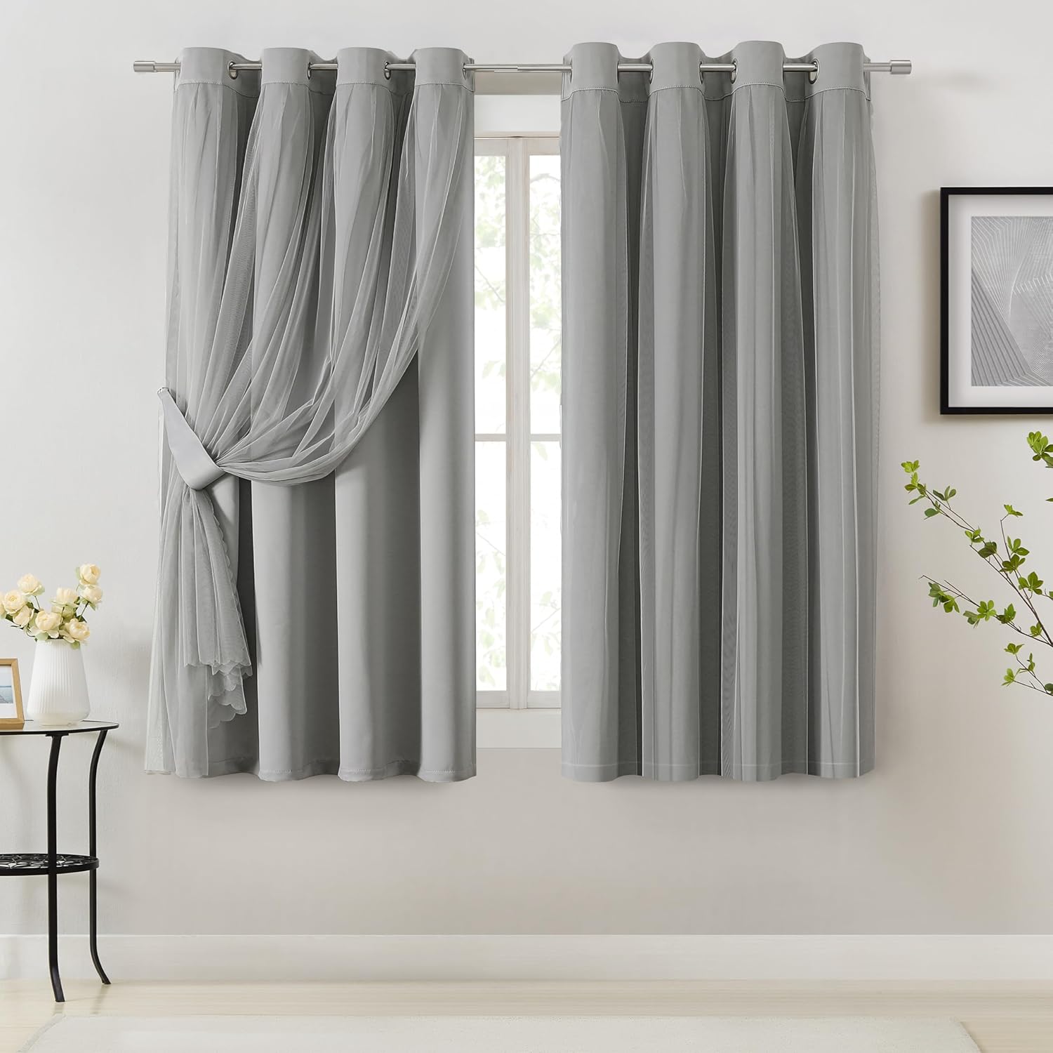 Bujasso Beige 90% Blackout Curtains with Sheer Overlay Mix and Match Double Layer Thermal Insulated Window Panels 84 inch for Living Room Bedroom Beige Drapes with Tiebacks Grommet Top 37" Wx84 Lx2