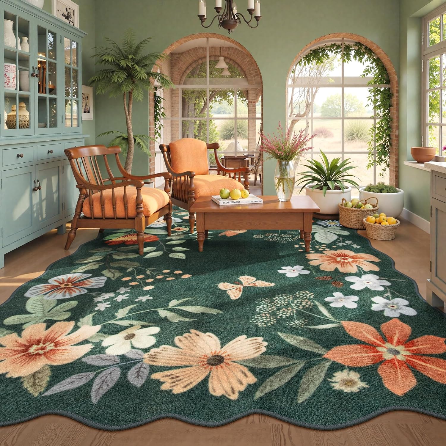 Lahome Floral Washable Rugs 8x10, Non-Slip Soft Green Rug Stain Resistant, Ultra-Thin 8x10 Rugs for Living Room Easy Clean Boho Accent Carpet for Dining Room Office(8x10ft,Green)