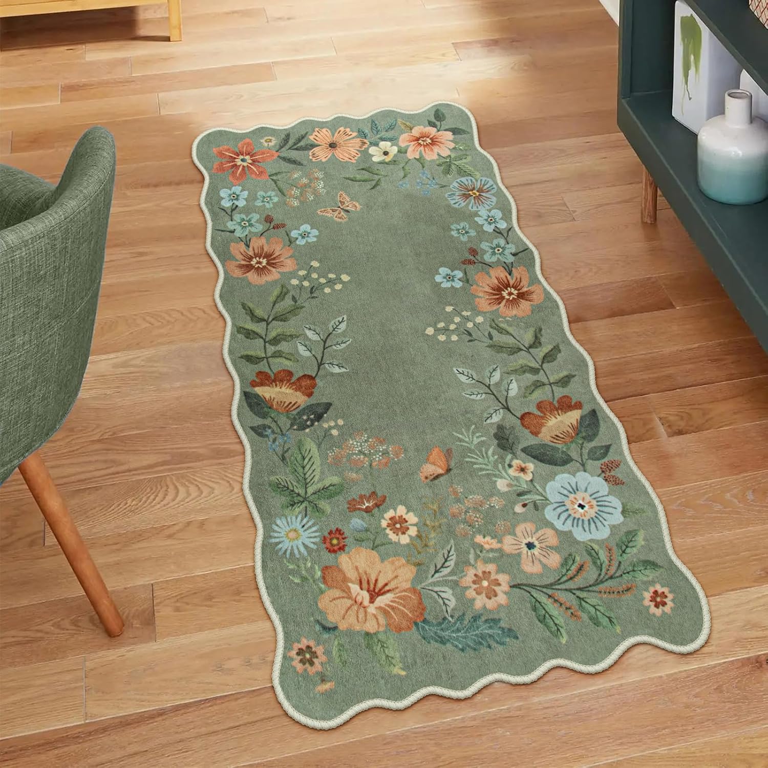 Lahome Floral Washable Rugs 8x10, Non-Slip Soft Green Rug Stain Resistant, Ultra-Thin 8x10 Rugs for Living Room Easy Clean Boho Accent Carpet for Dining Room Office(8x10ft,Green)