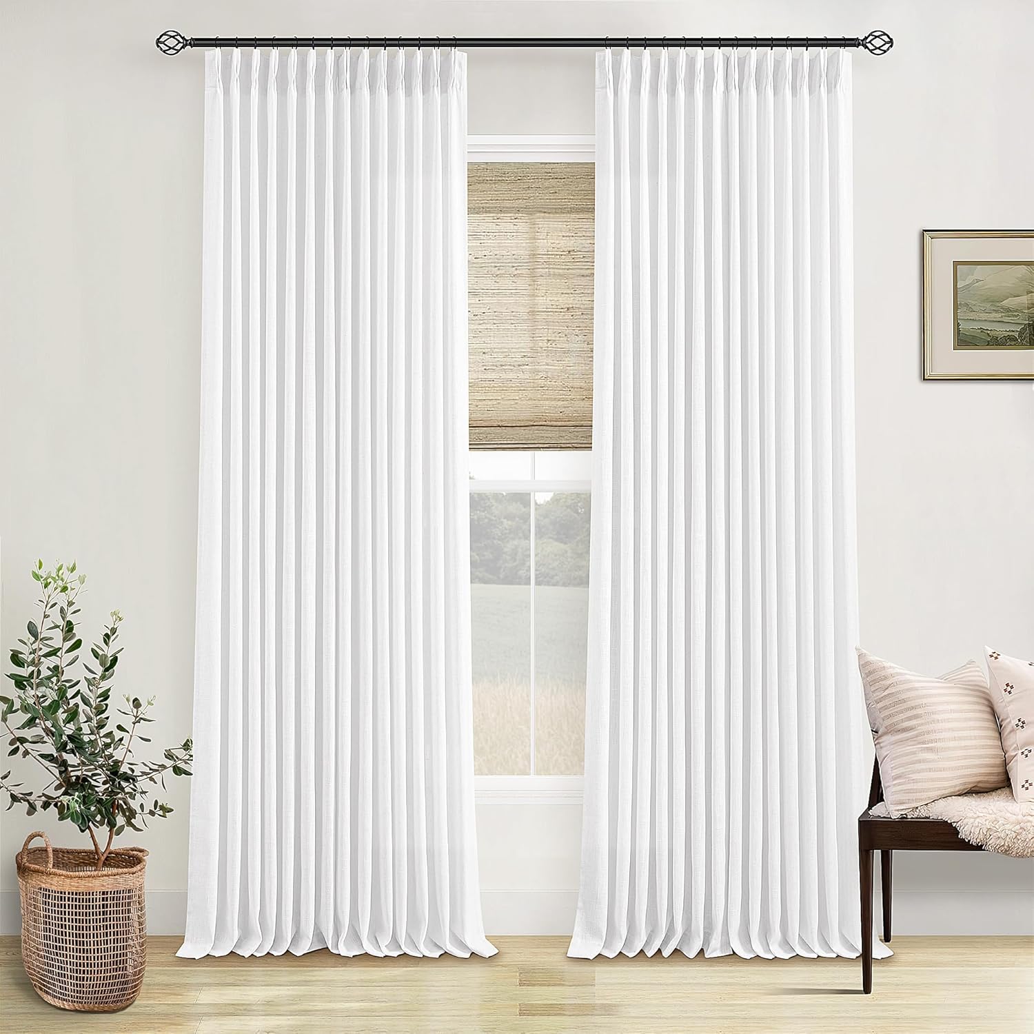 Natural Pinch Pleated Linen Curtains 84 Inch Length 2 Panels for Living Room Bedroom Textured Cream Ivory Birch Semi Sheer Boho Neutral Back Tab Pinch Pleat Hooks Rings Window Curtain 84 Inches Long