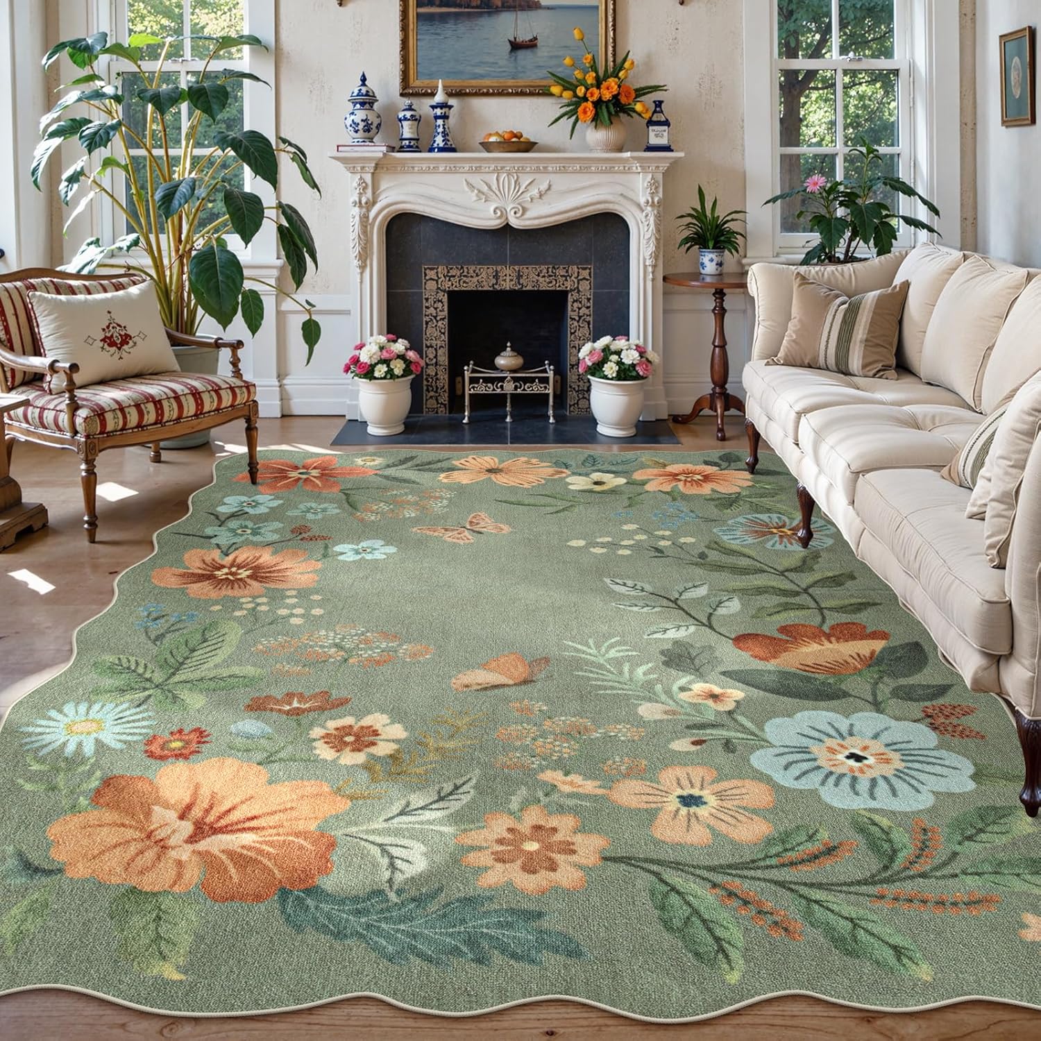 Lahome Floral Washable Rugs 8x10, Non-Slip Soft Green Rug Stain Resistant, Ultra-Thin 8x10 Rugs for Living Room Easy Clean Boho Accent Carpet for Dining Room Office(8x10ft,Green)