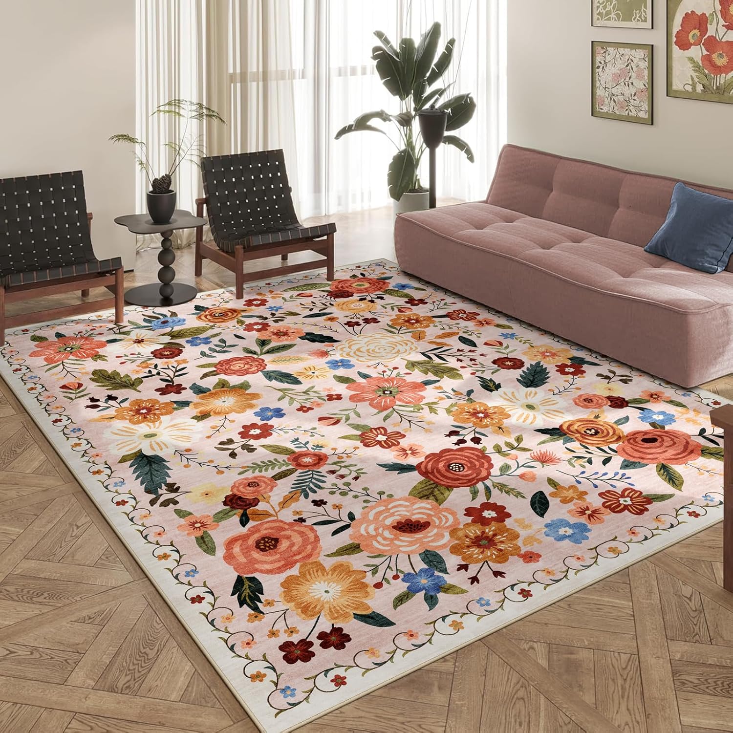 8x10 Washable Area Rug for Living Room, Floral Non-Slip Non-Shedding & Easy Care, Large Soft Low Pile Indoor Floor Carpet for Living Room, Bedroom, Farmhouse, Dining Room, Kids Playroom, Pink
