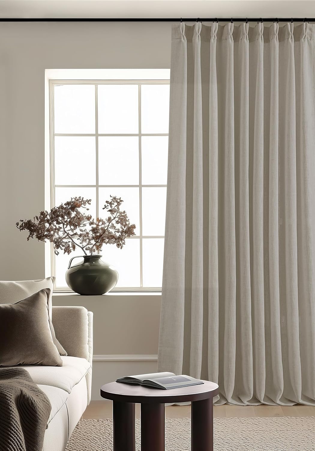 Natural Pinch Pleated Linen Curtains 84 Inch Length 2 Panels for Living Room Bedroom Textured Cream Ivory Birch Semi Sheer Boho Neutral Back Tab Pinch Pleat Hooks Rings Window Curtain 84 Inches Long